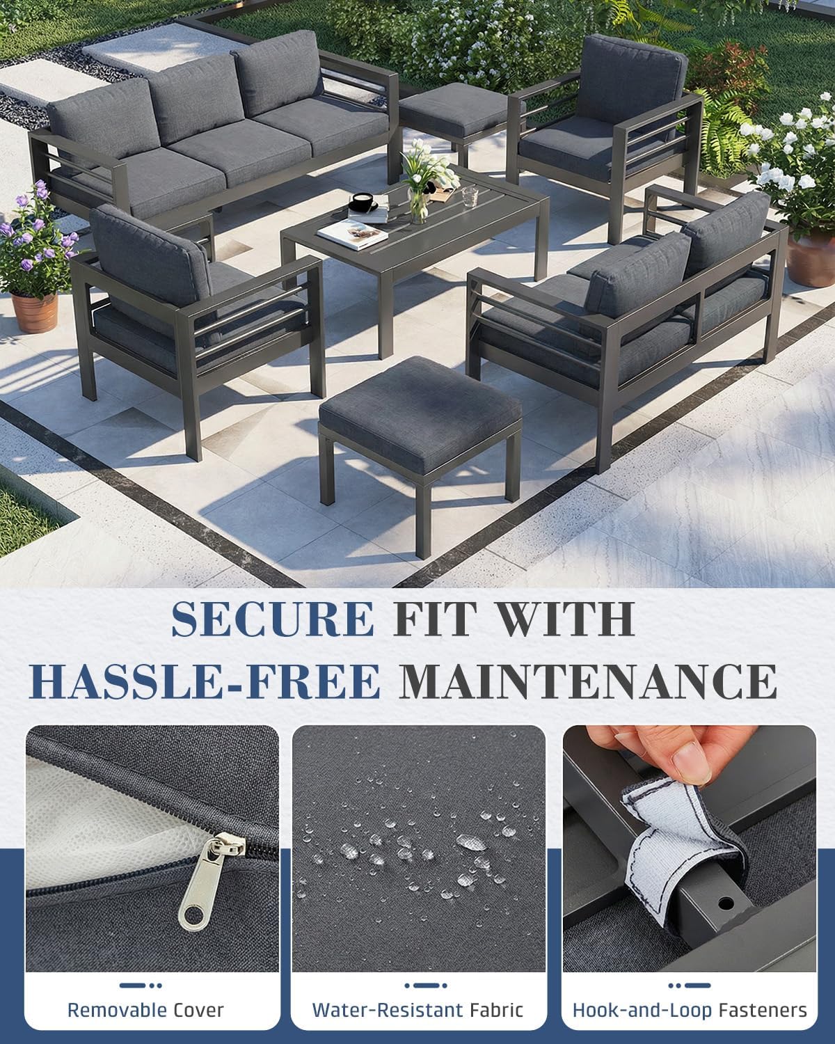 AECOJOY Aluminum Patio Furniture Set, 9 Seats Modern Outdoor Furniture with Coffee Table, 7 Pieces Metal Conversation Sectional Sofa, Dark Gray