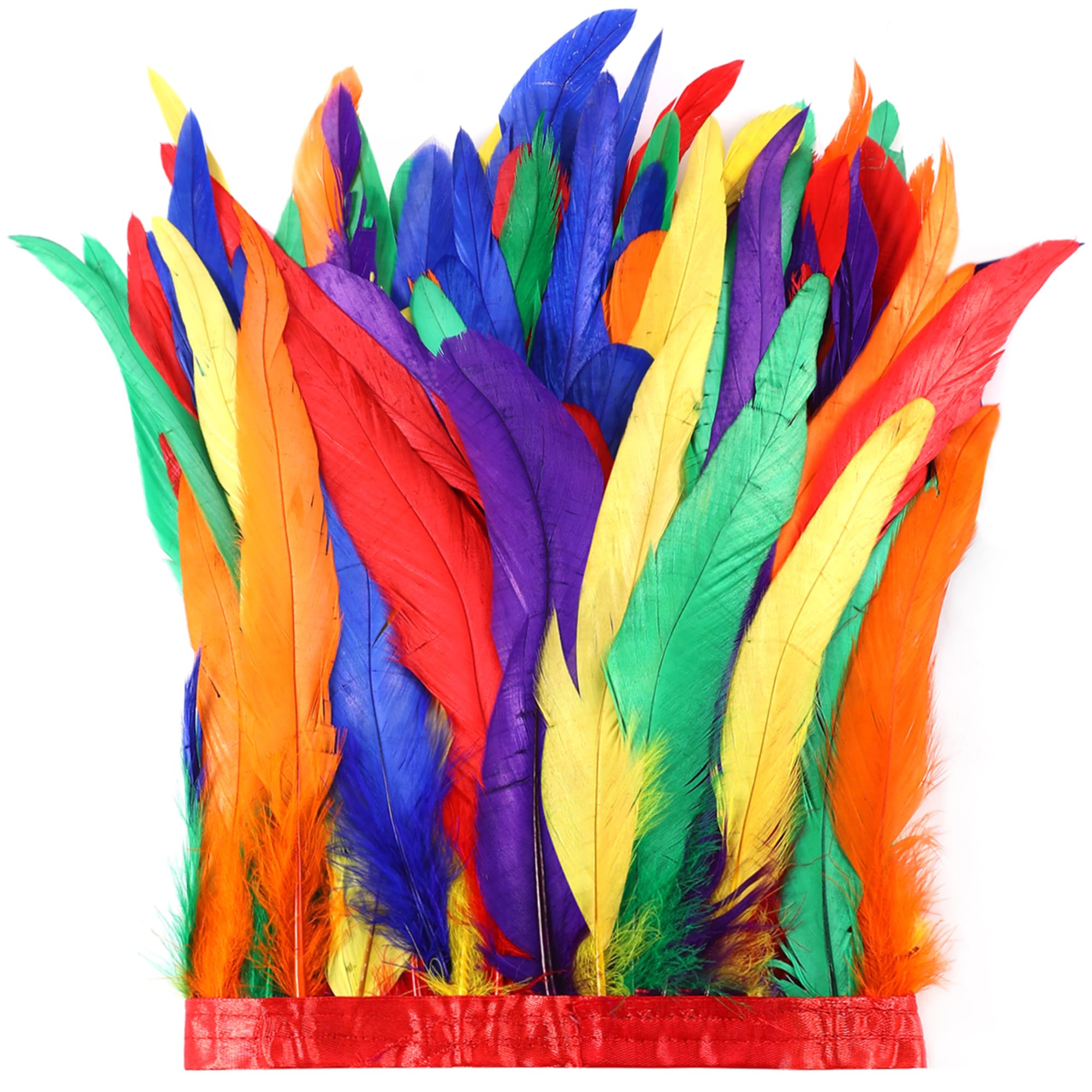 Holmgren Colorful Rooster Feather Trim - 10-12inch 2 Yards Natural Large Rooster Tail Feathers Fringe Trim for DIY Sewing Crafts, Feather Dress, Cape Shawl, Costumes Decoration (Colorful) — image 1