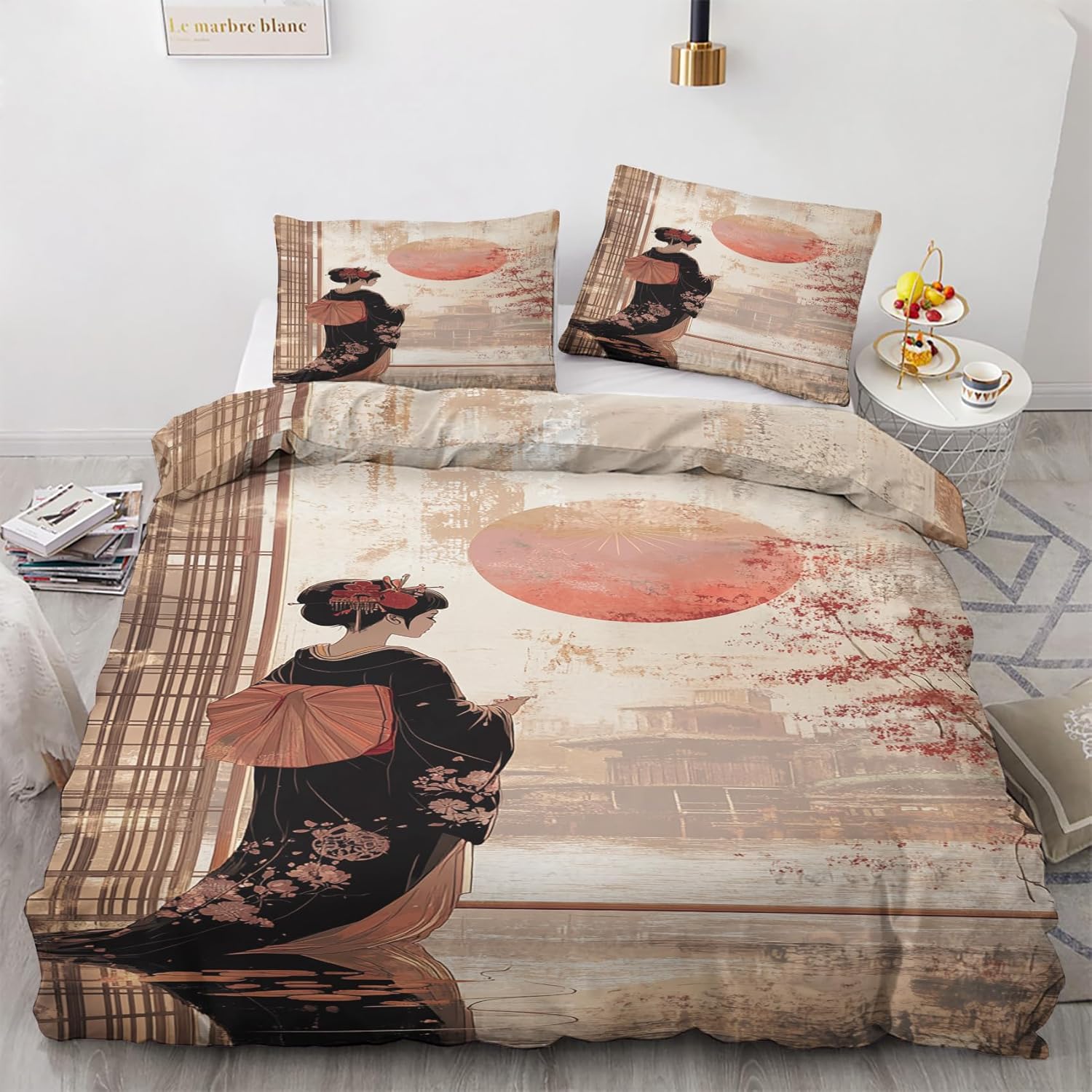 AopGlyvyr Japanese Geisha Duvet Cover King Size, Oriental