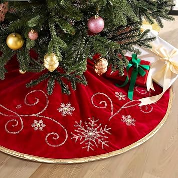 Red Christmas Tree Skirt 36 Inches Snow Sequin Embroidery with Gold Trim Border Decor for Xmas Holiday Party Ornaments