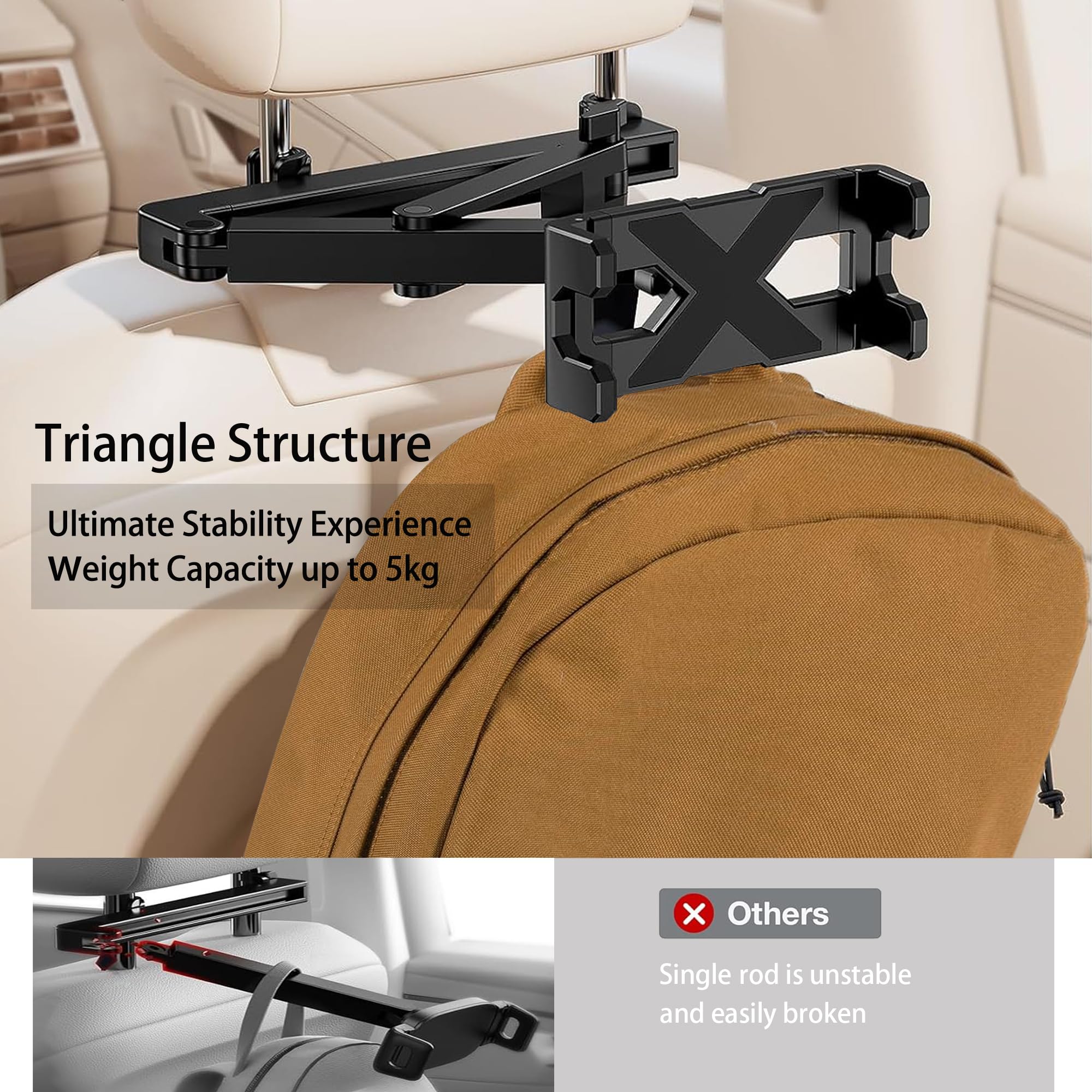 Uchwyt na tablet na zagłówek samochodowy [trójkątne ramię przedłużające 3 w 1] uchwyt samochodowy na tylne siedzenie Road Trip Essentials dla dzieci, uchwyt samochodowy na iPada do tabletów i