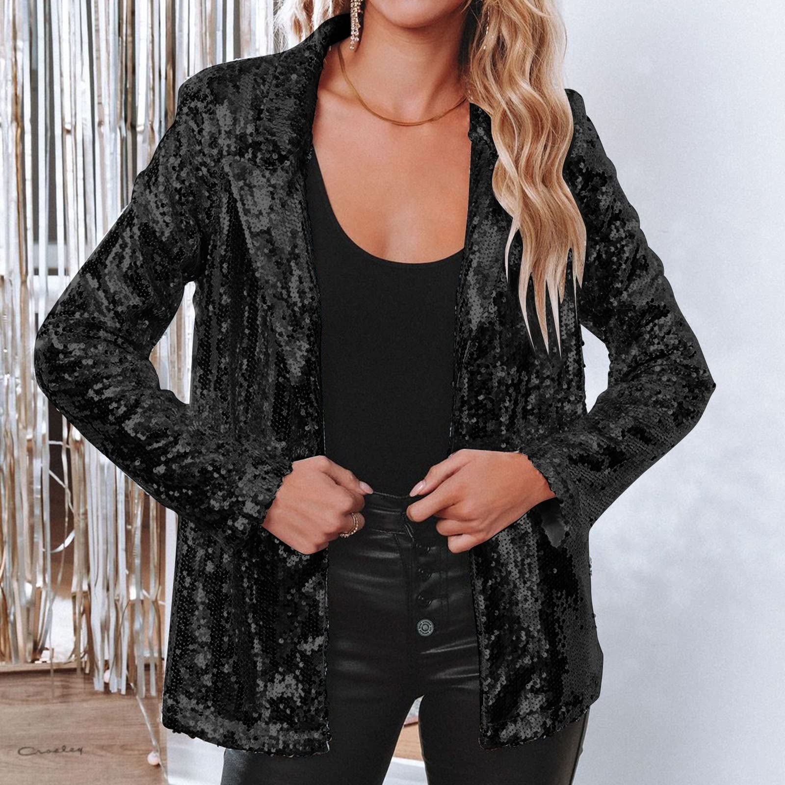 Parkle Veste de costume à paillettes pour femme - Veste ouverte sur le devant - Veste à paillettes - Col châle - Cardigan - Veste à paillettes - Veste disco des années 90 - Streetwear - Pour
