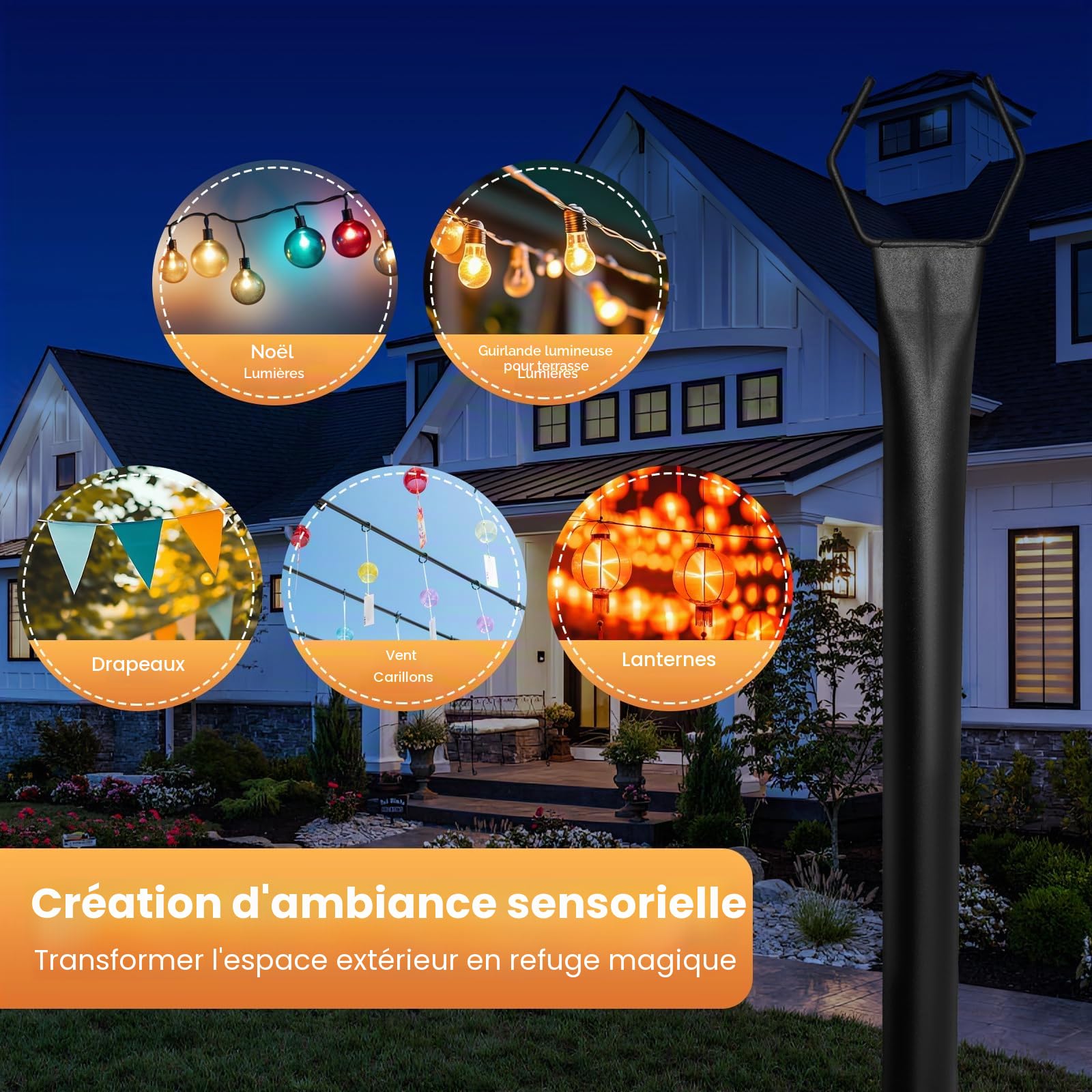 Lot de 4 barres lumineuses de 3 m - Mâts lumineux suspendus en métal pour éclairage extérieur