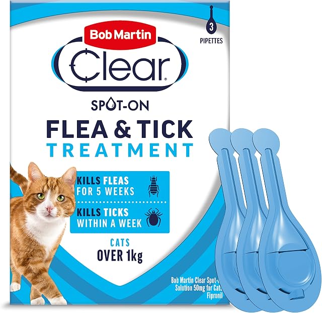 Bob Martin Clear | Spot On Flea Treatment for Cats & Ferrets | Kills Fleas & Ticks | Fast Control, 15 Week Protection | (3 Pipettes)