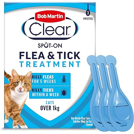 Bob Martin Clear | Spot On Flea Treatment for Cats & Ferrets | Kills Fleas & Ticks | Fast Control, 15 Week Protection | (3 Pipettes)