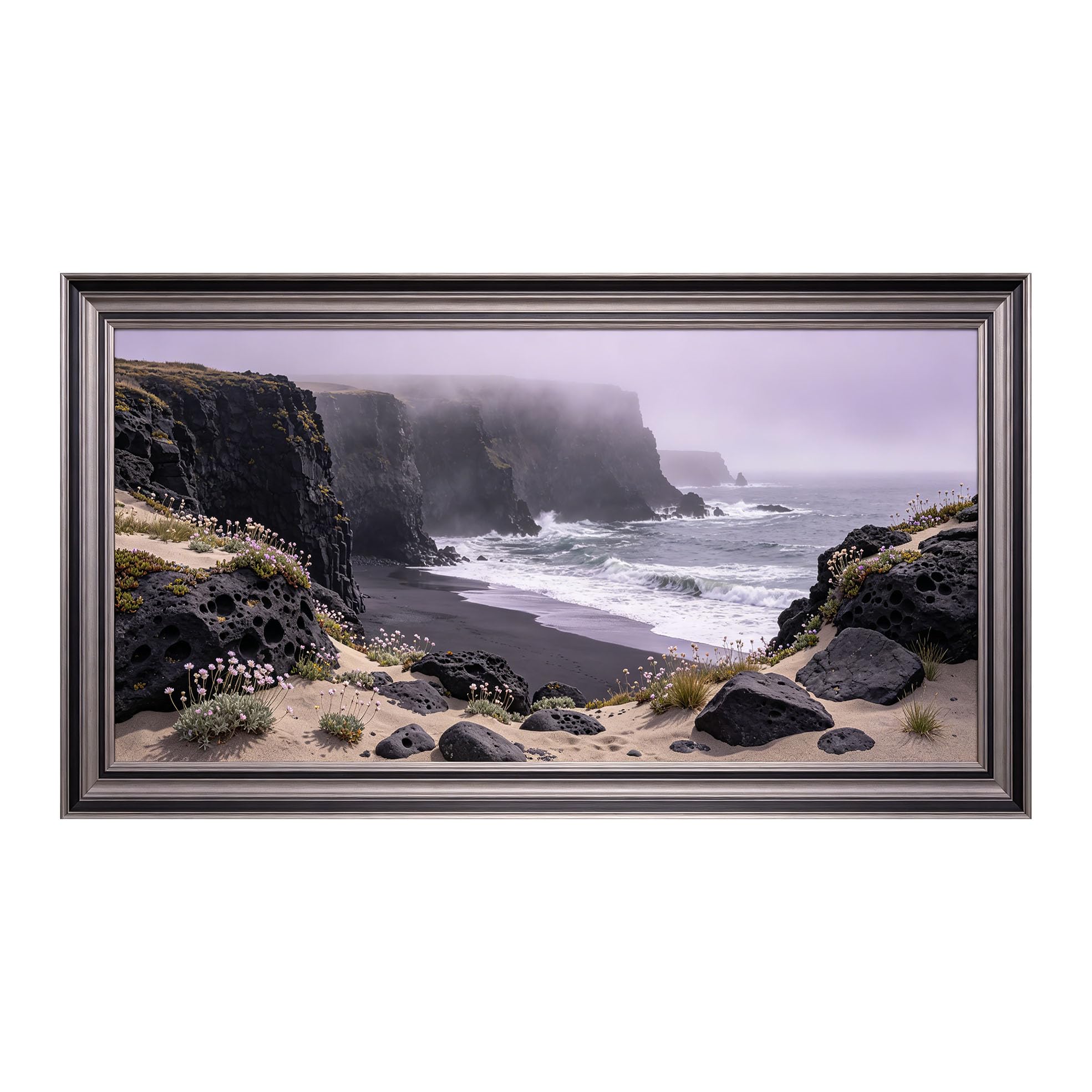 Yzpallescene 3D Framed Wall Art 50cm×100cm Misty Coastal Ocean Seascape Volcanic Black Sand Beach Panoramic Large Size SelfAdhesive Removable Wall Decor Prints Artwork for Living Room Bedroom Office