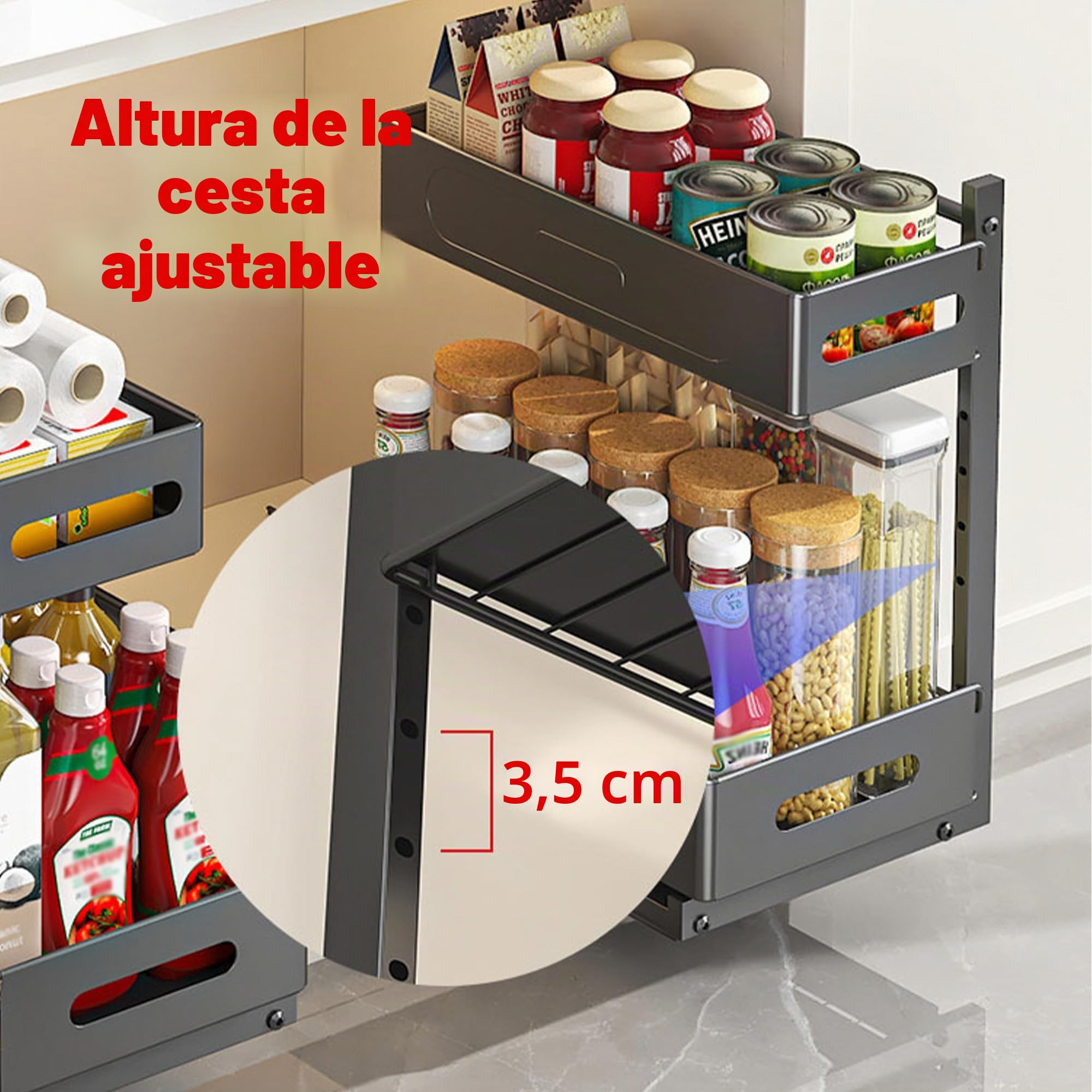 YunNasi Organizador Bajo Fregadero Deslizable Cocina 2 Niveles Negro | 4 Ganchos, Altura Ajustable, Estante de Especias Acero Inoxidable, Estante para Cocina Baño