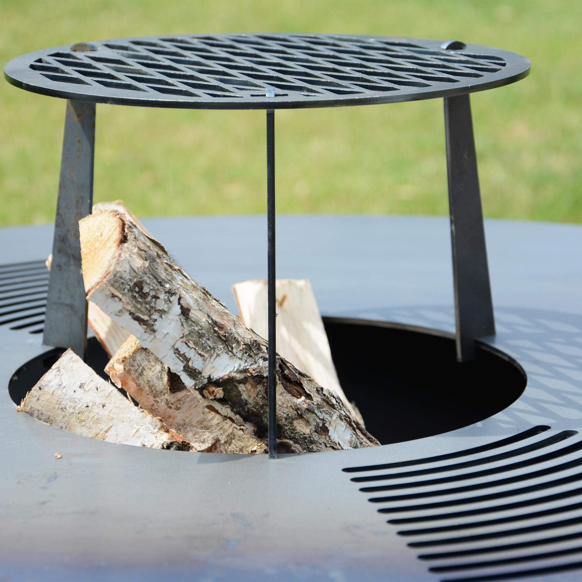 UNUS Plancha de 60 cm de diámetro, placa de fuego redonda para barbacoa, barril de fuego o horno cohete, 2 etapas, placa con pátina