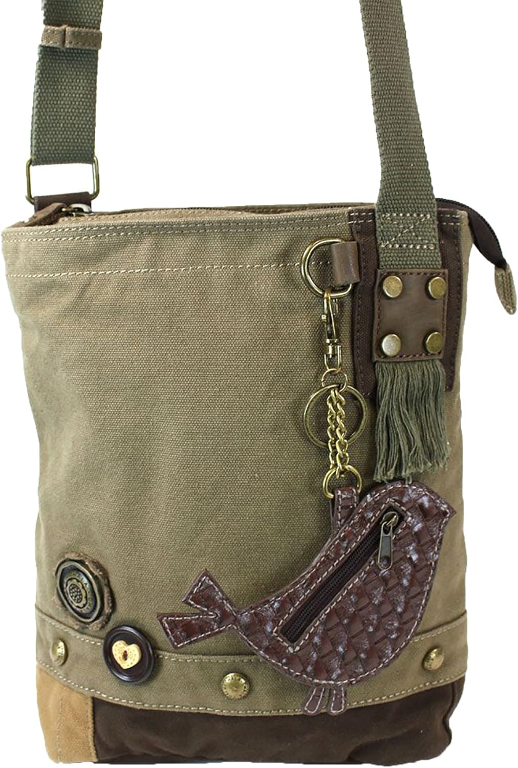 CHALA Patch Cross-Body Women Handbag, Olive Canvas Messenger Bag - Green Bird