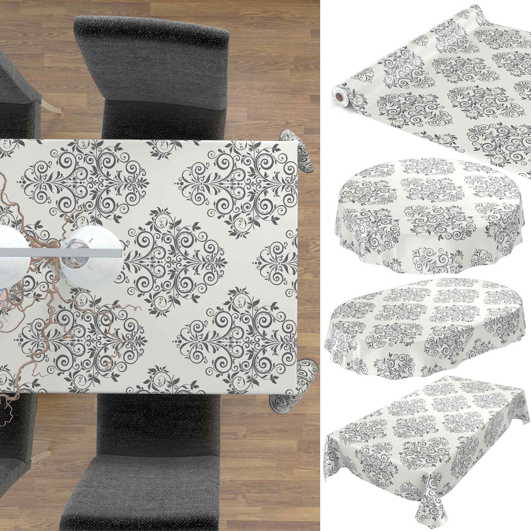 Tovaglia in tela cerata, lavabile, motivo viticci, colore beige/crema, ovale, 220 x 140 cm