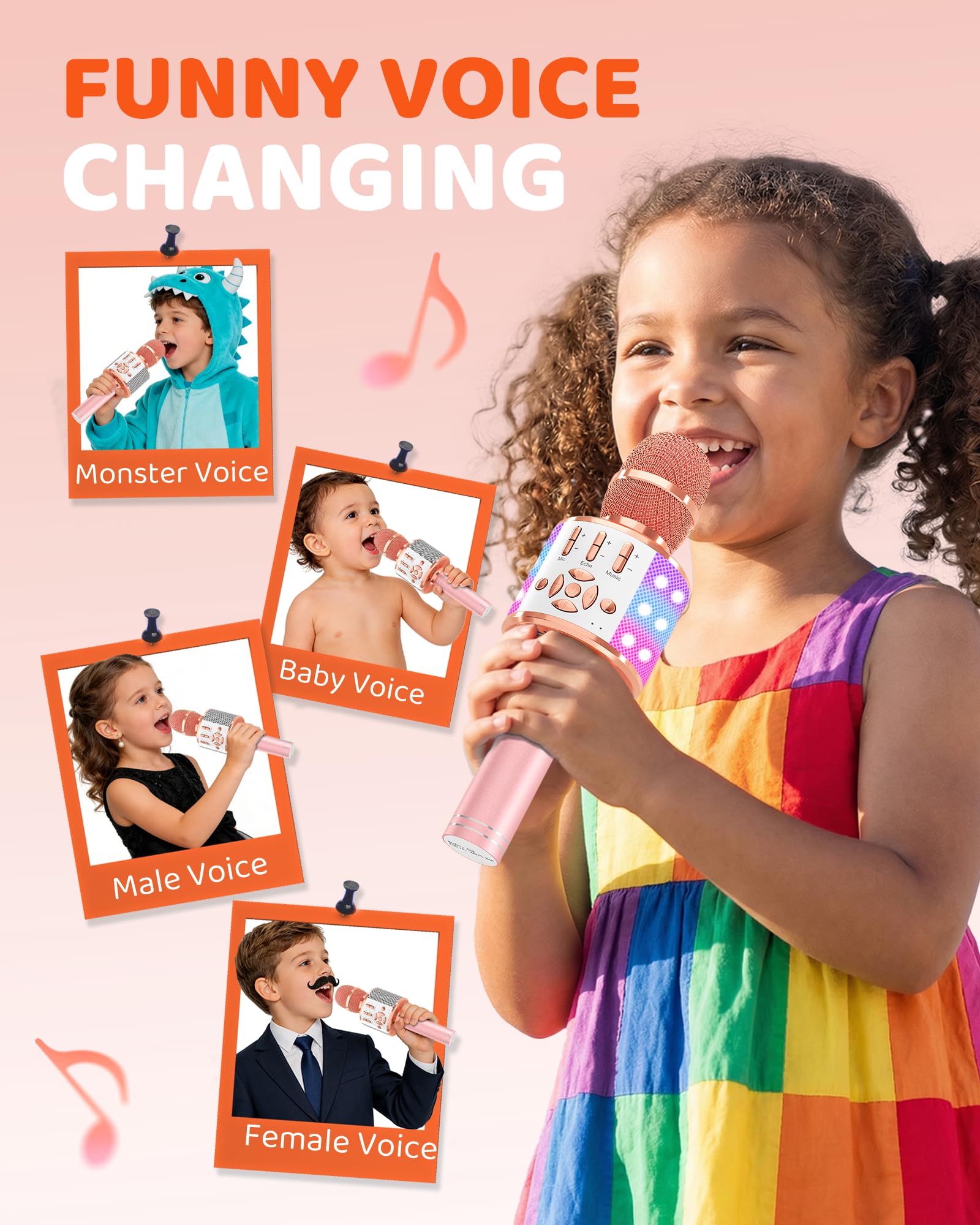 BONAOK Microphone Bluetooth sans Fil, Micro Enfants avec Lumières LED, Mini Machine Karaoké pour Fête/Maison/Anniversaire, Compatible avec Bluetooth iOS Android (Rose)
