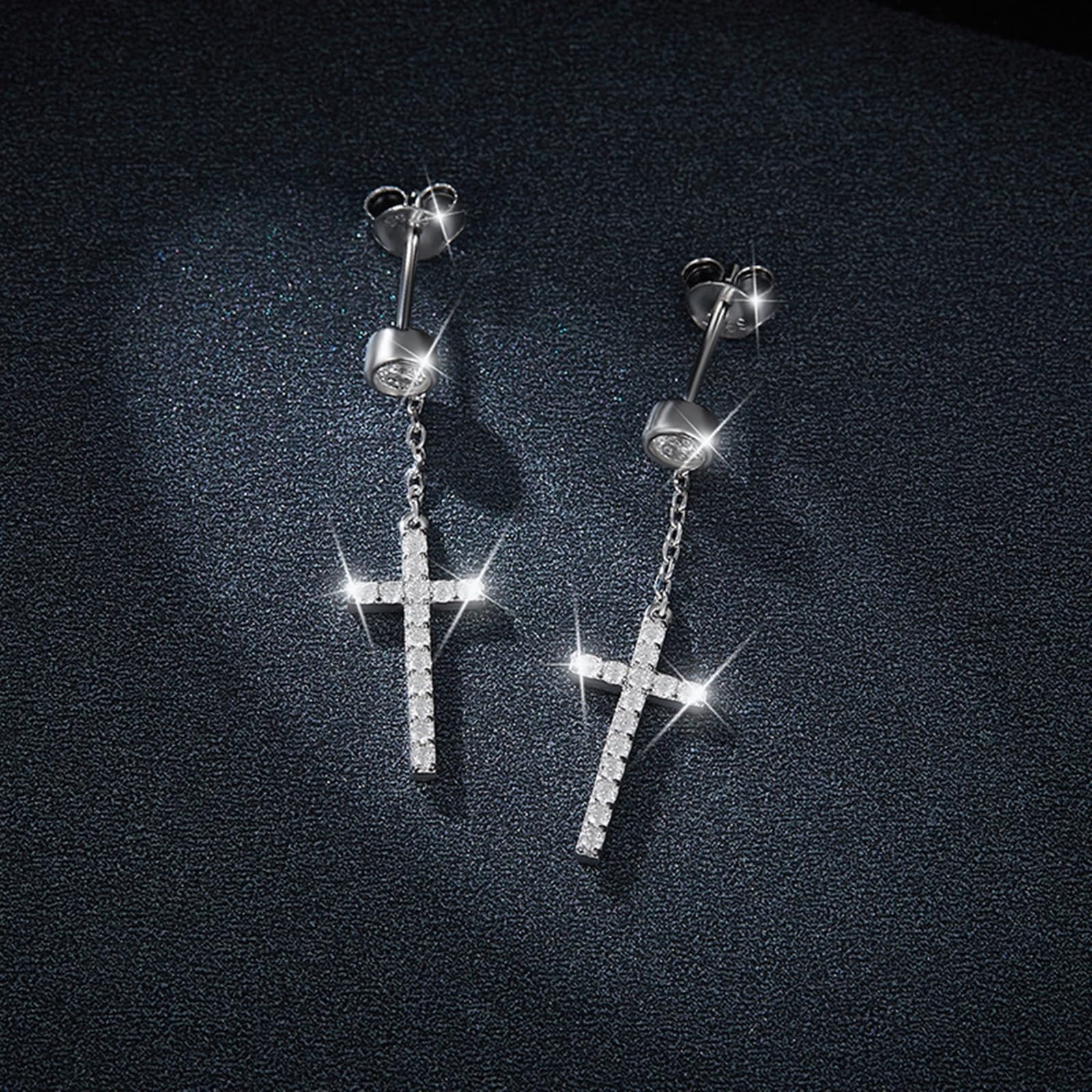 Pendientes Mujer Cruz de Cadena con Moissanita Redonda de 0.5ct, Plata de Ley 925, Joyas Pendientes Colgantes con Piedra