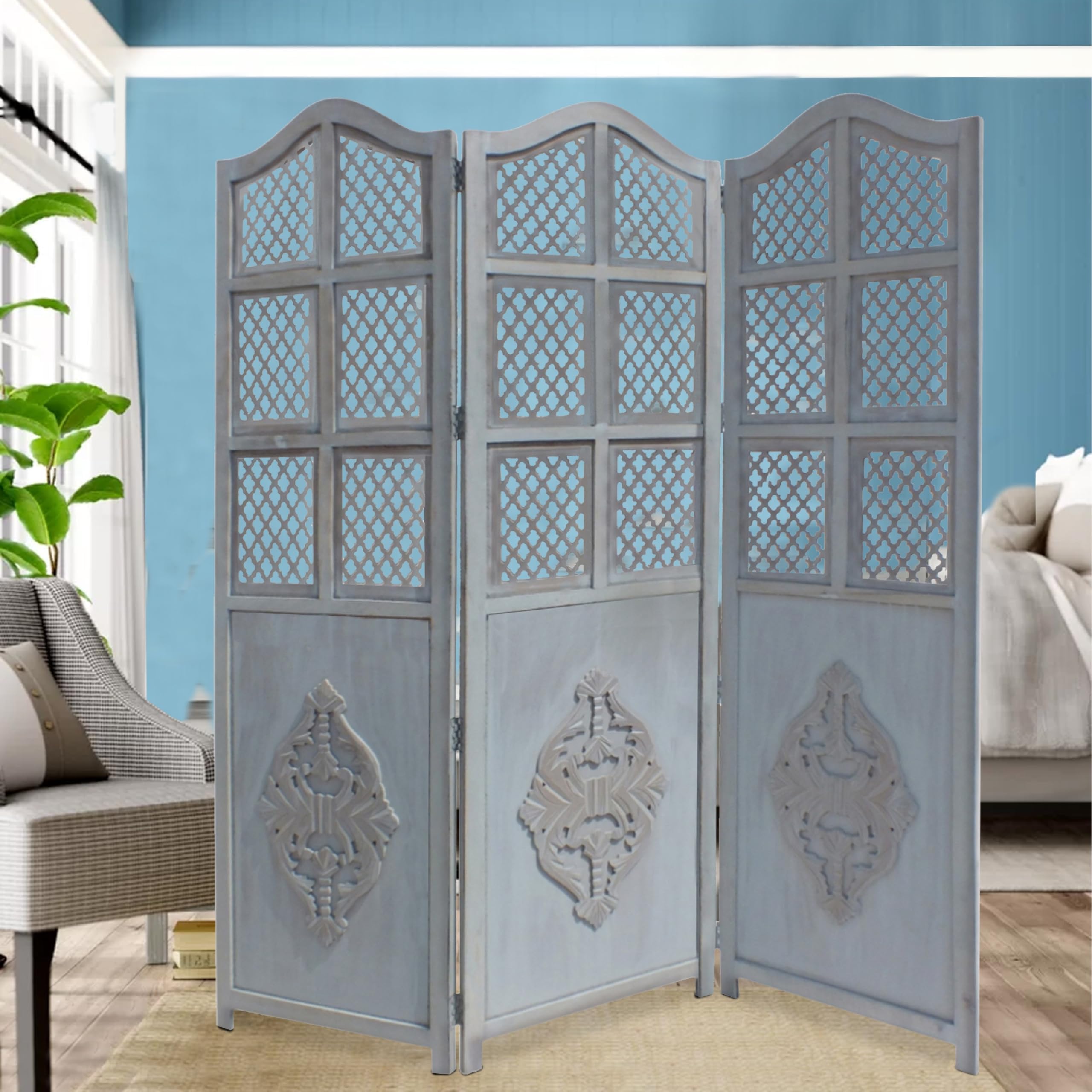 TUP The Urban Port Three Panel Wooden Room Divider, Traditional Carvings and Cutout Design, Blue Finish Folding Privacy Screen for Living Room, Bedroom, Office and Home Decor Accent