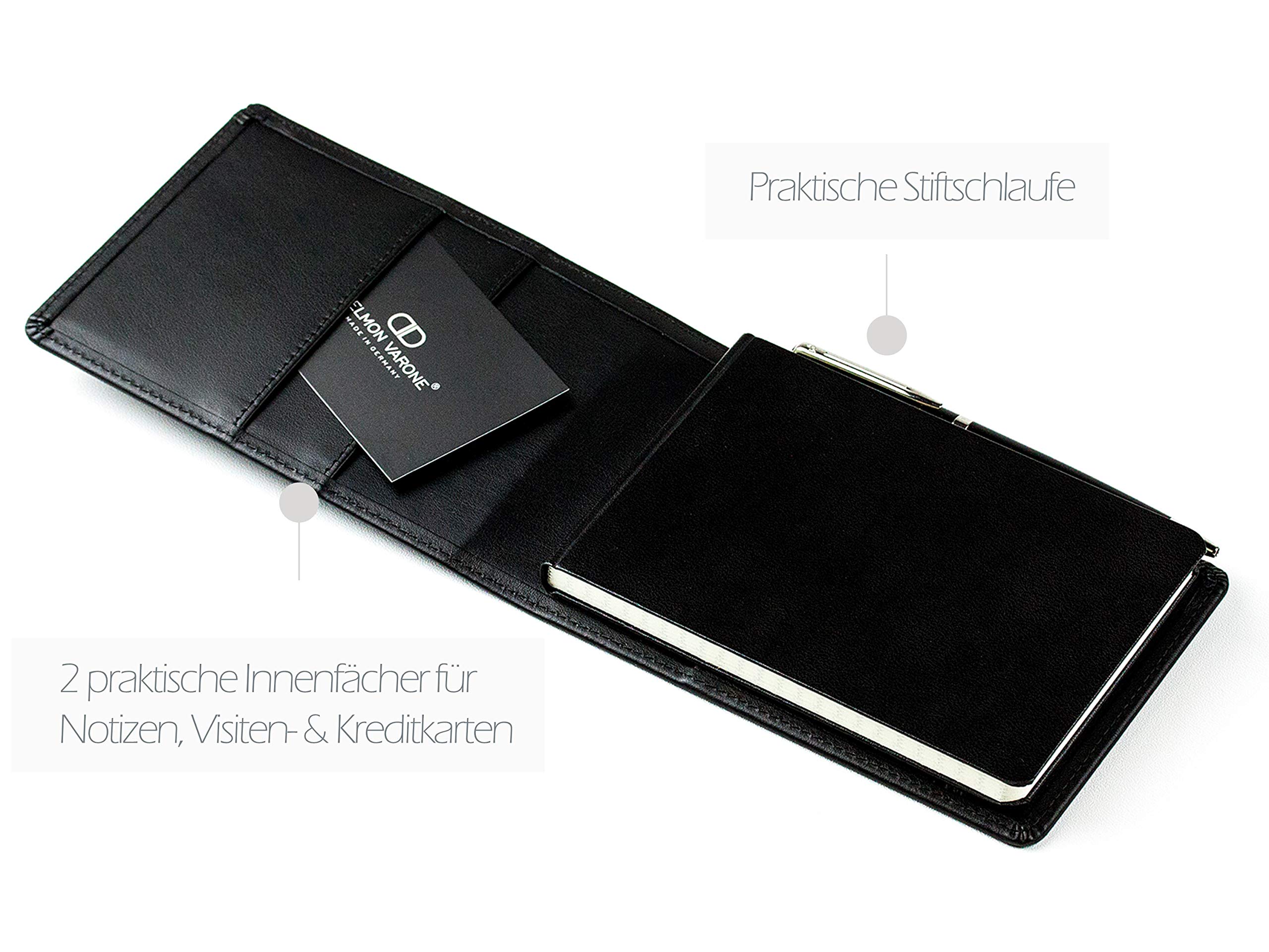 DELMON VARONE - Personalisierbares Notizblock Etui DIN A6 aus Boxcalf Premium Leder schwarz, Design Reporterblock im Hardcover Ledereinband, Stiftschlaufe, Einschubfach und blanko Block liniert