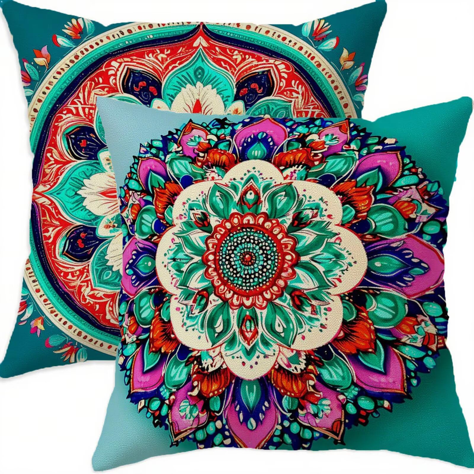 Taie oreiller 70x70 et housse coussin turquoise bohème imperméable lot de 2 pour patio et canapé