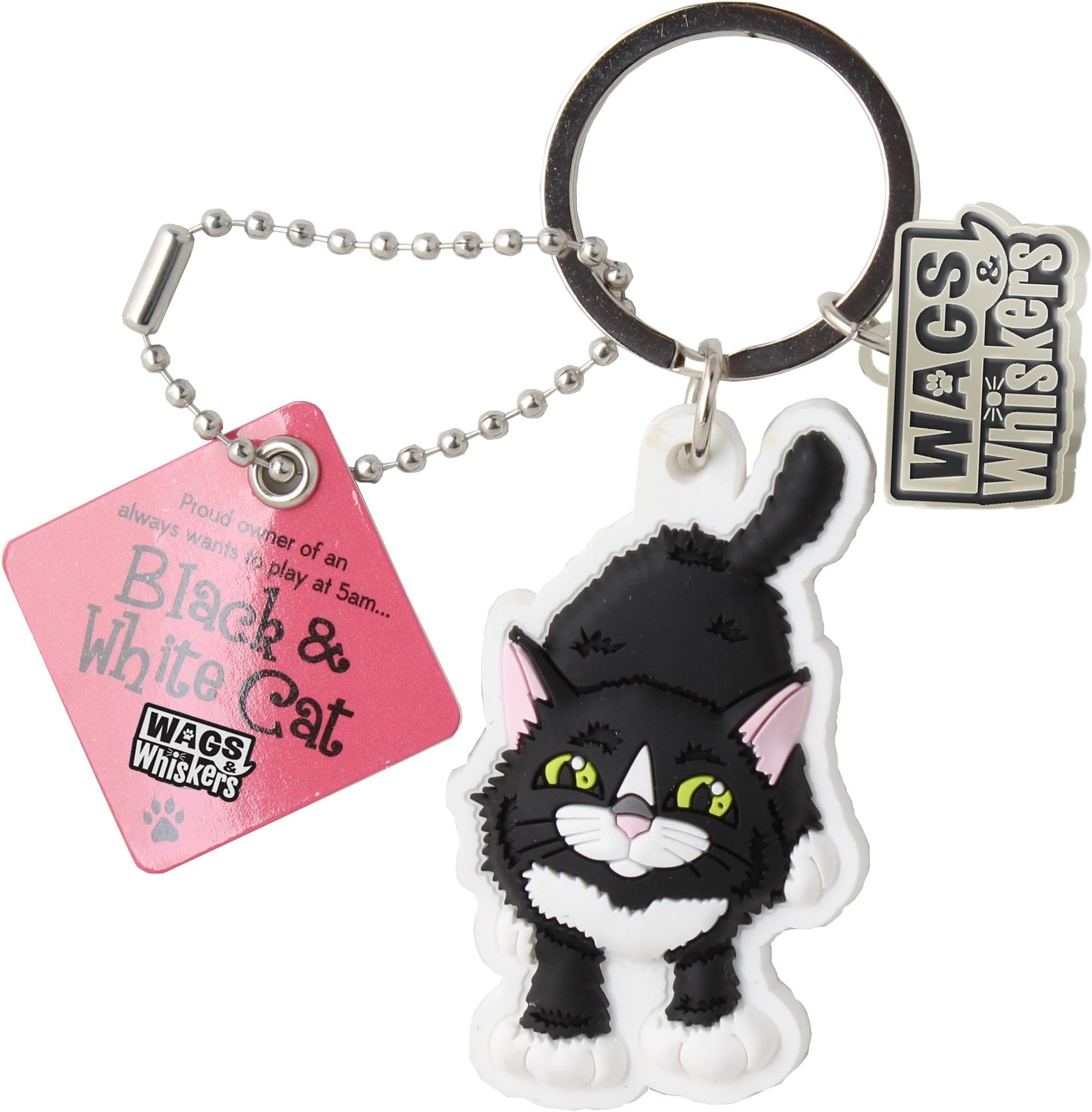 Wags and Whiskers Black & White Cat (5am) Key Chain with Keyring/Key Holder (886767110851)
