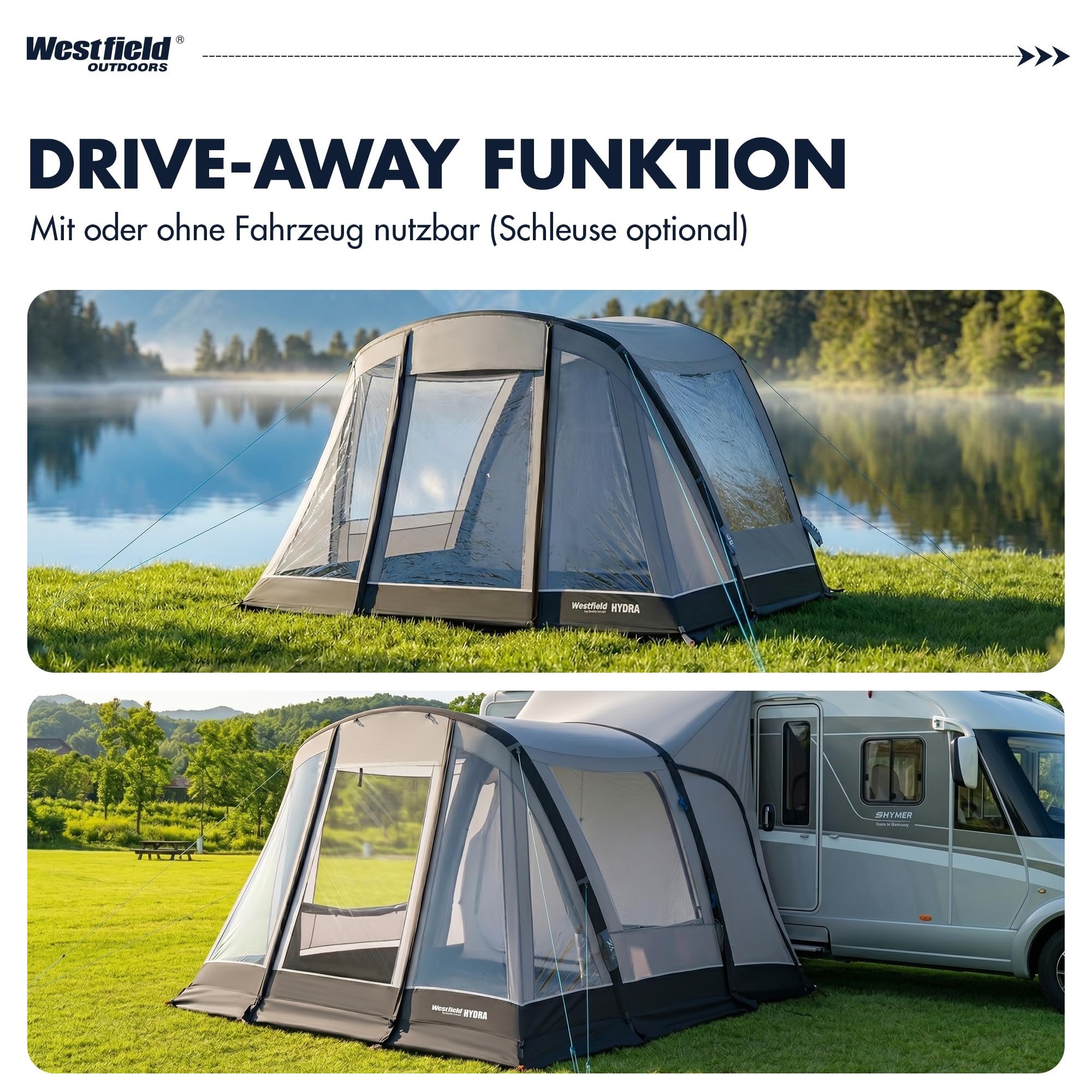 Westfield Outdoors Hydra, Aufblasbares Zelt 300 x 240 cm, Wetterfestes Autozelt mit 3000 mm Wasserschutz, UV-beständig, Drive-Away-Funktion, Panorama-Ausblick, abnehmbare Wände & Tragetasche