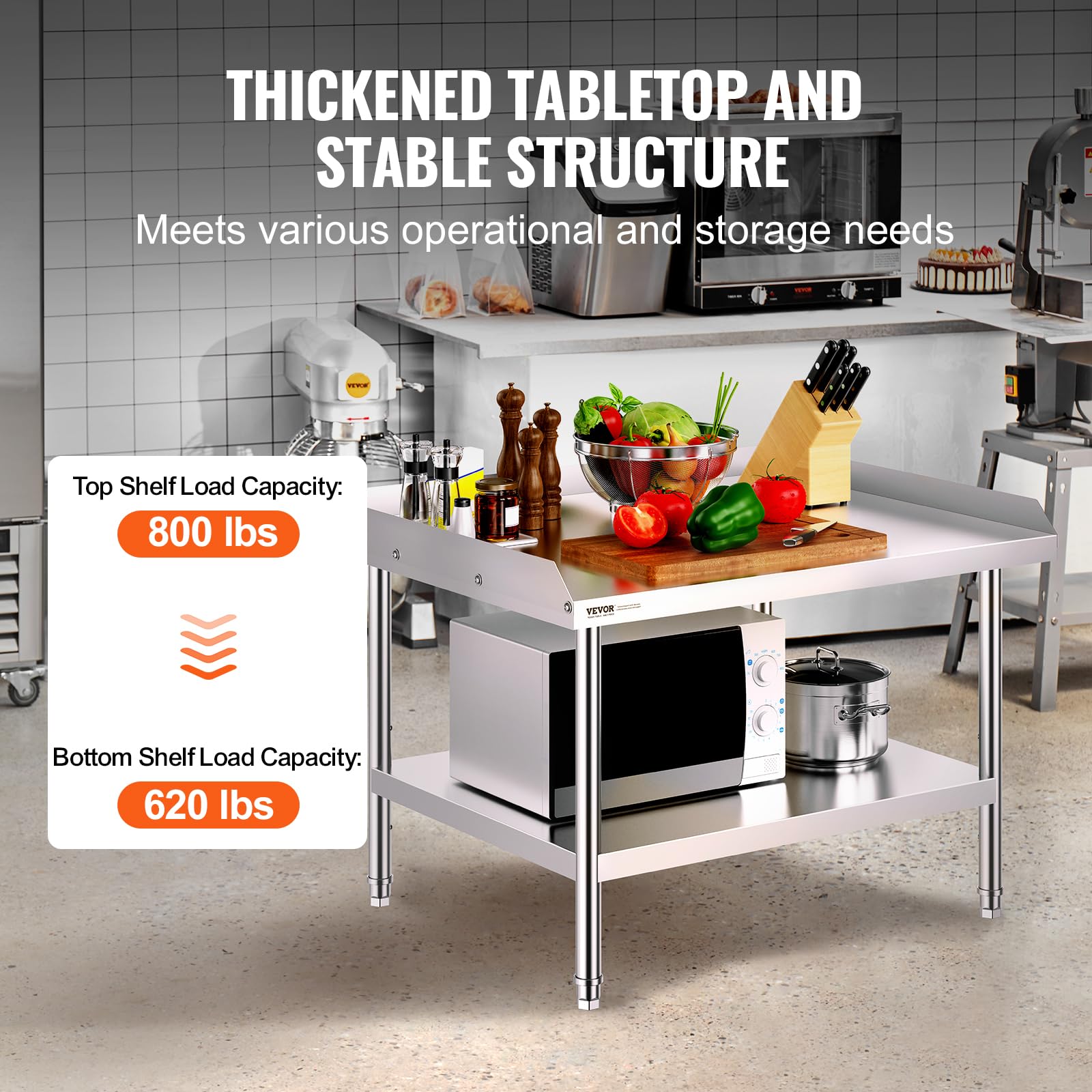 VEVOR Tavolo da Lavoro in Acciaio Inossidabile 762 x 914 x 660 mm Tavolo da Lavoro Commerciale per Preparazione degli Alimenti con Alzatina su 3 Lati, con Altezza Regolabile per Casa Ristorante Hotel