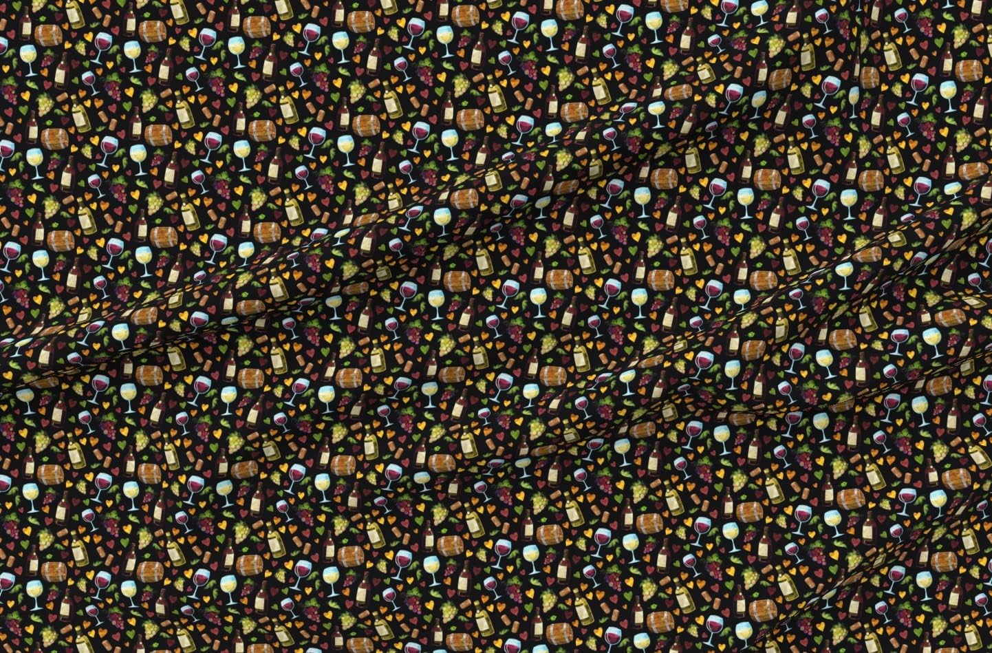 Spoonflower Fabric - Black Small Vines Retro Hearts Quilt Wine Glasses Printed on Organic Cotton Sateen Fabric by The Yard - Sewing Quilting Apparel Home Decor
