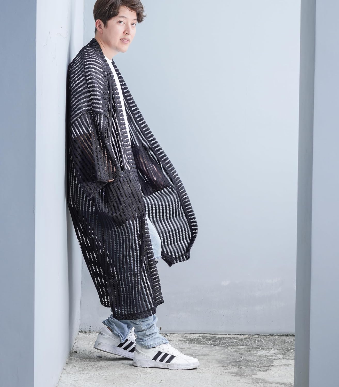 Men's Long Mesh Fishnet Kimono Cardigan Oversize Noragi Jacket Open Front Summer Yukata Beach Robe - Image 3