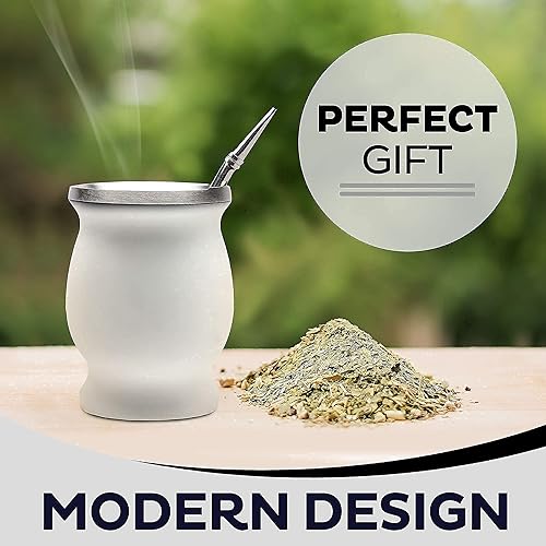 Miniatura 5 de Norte White & Green Yerba Mate - Juego de tazas de té y calabaza natural (taza mate tradicional original, 8 onzas), incluye bombillas (pajitas de