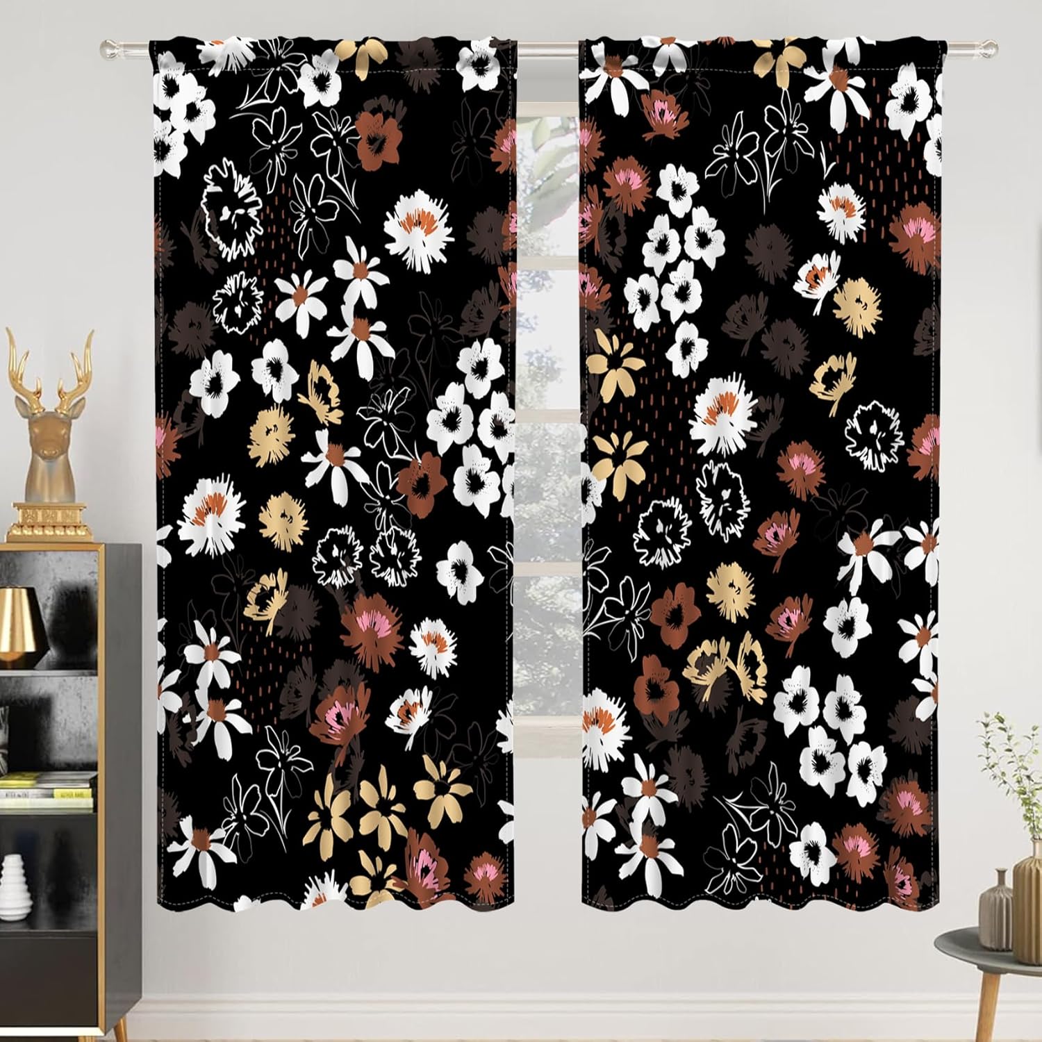Renaiss 42 x 63 Inch Black Floral Blackout Kitchen Curtains Farmhouse Country Linen Tier Curtains Bohemian Cafe Small Drapes Farmhouse for Bathroom RV Camper Light Filtering Rod Pocket 2 Panels