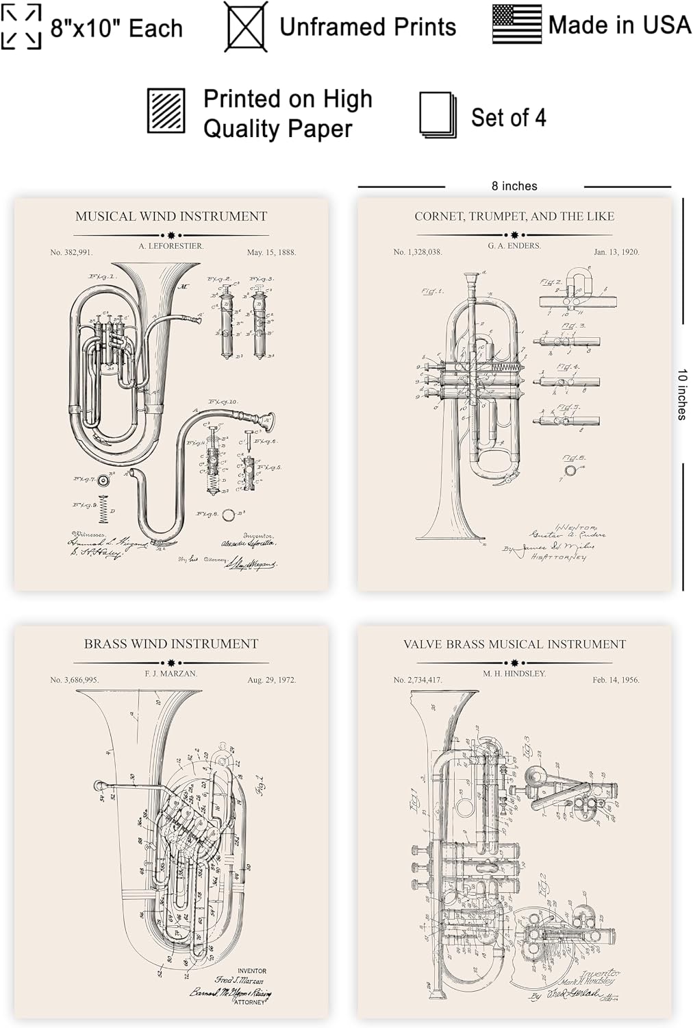Poster Master 4-Piece Trumpet Blueprint Poster - Horn Patent Print - Tuba Art - Music Design - Technical Artwork - Cornet Design - Wind Instrument Decor - Music Room Wall Decor - 8x10 UNFRAMED