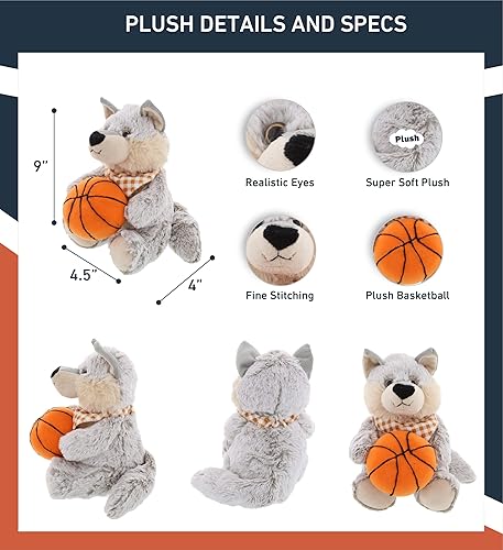 Miniatura 3 de DolliBu Peluche de lobo sentado con felpa de baloncesto, suave lobo abrazable, adorable juguete de peluche para jugar, lindo regalo de vida