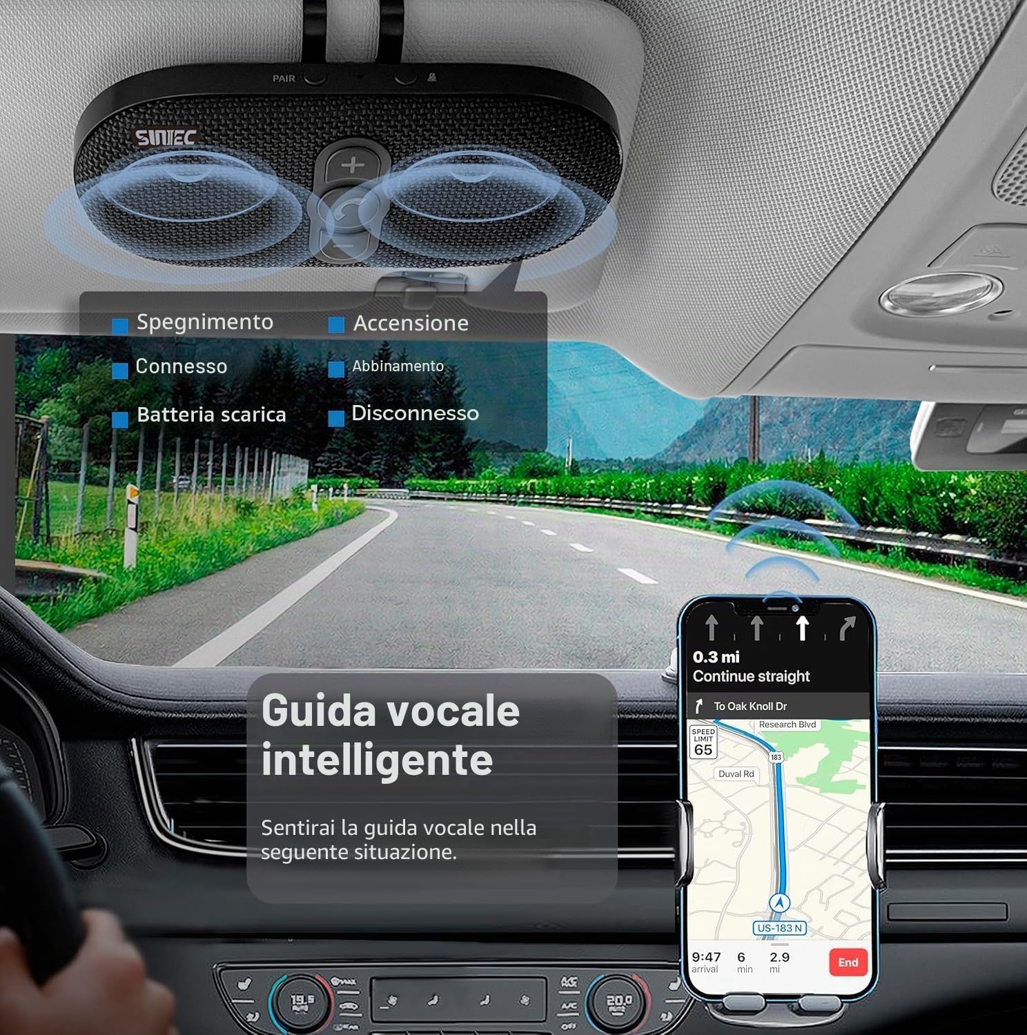 Vivavoce per auto Bluetooth 5.1 con clip Wireless vivavoce si collega a Siri & Google Assistant Supporto Auto ON Off Altoparlante forte 6W per GPS Musica Telefono