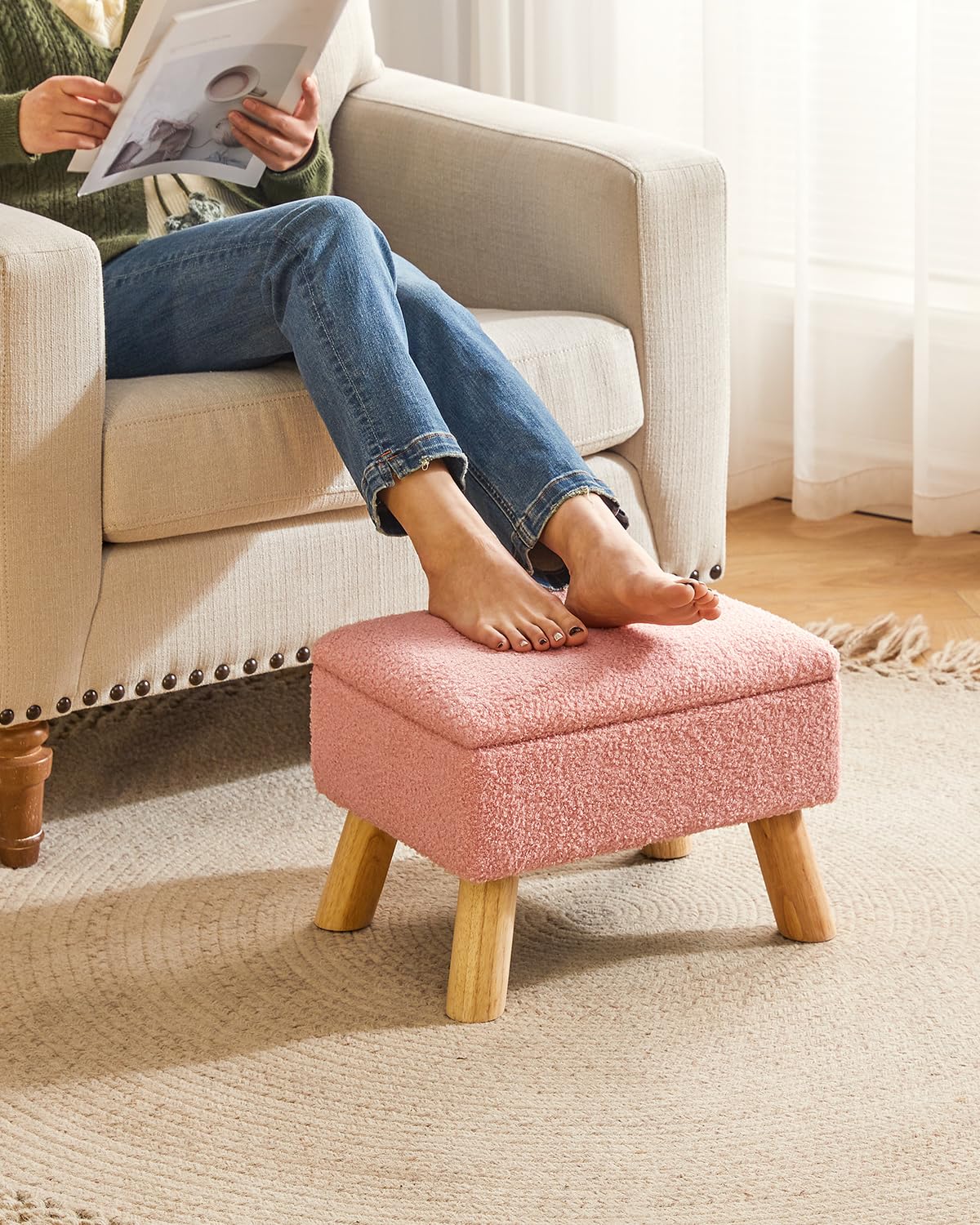 YMYNY Ottomane mit Stauraum, Fußhocker, Kleiner Fußhocker mit Stabilen Holzbeinen Hocker, Fußstütze mit Gepolstertem Sitz, für Wohnzimmer Schlafzimmer Eingänge 40 ×30 ×28CM Rosa HBD042P