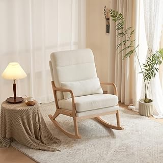Nursery Rocking Chair Glider Rocker Rocking Accent Chair Seat with High Backrest Armchair Comfy Side Chair High Back Nursery Rocker Wood Glider Chair for Living Room Bedroom Offices Off-White