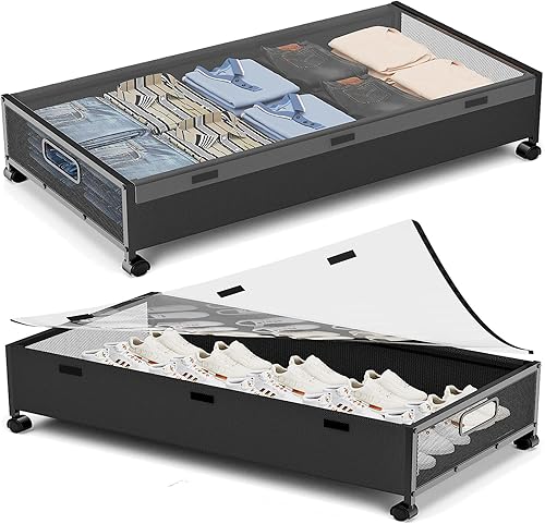 KITHELP Almacenamiento debajo de la cama con ruedas, 2 unidades de almacenamiento de zapatos debajo de la cama, cajones de almacenamiento debajo de