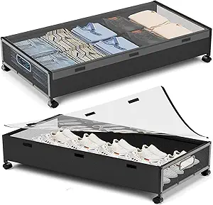 Under Bed Storage with Wheels,2 Pack Under Bed Shoe Storage, Under the Bed Storage Drawers with Remove Window, Extra Large Rolling Under Bed Storage Metal Drawer for Clothes (Black-2 pack)