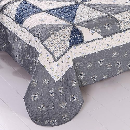 Miniatura 9 de Juego de edredón de retazos de tamaño matrimonial y queen, juego de colcha reversible reversible con estampado floral gris, juego de ropa de cama de