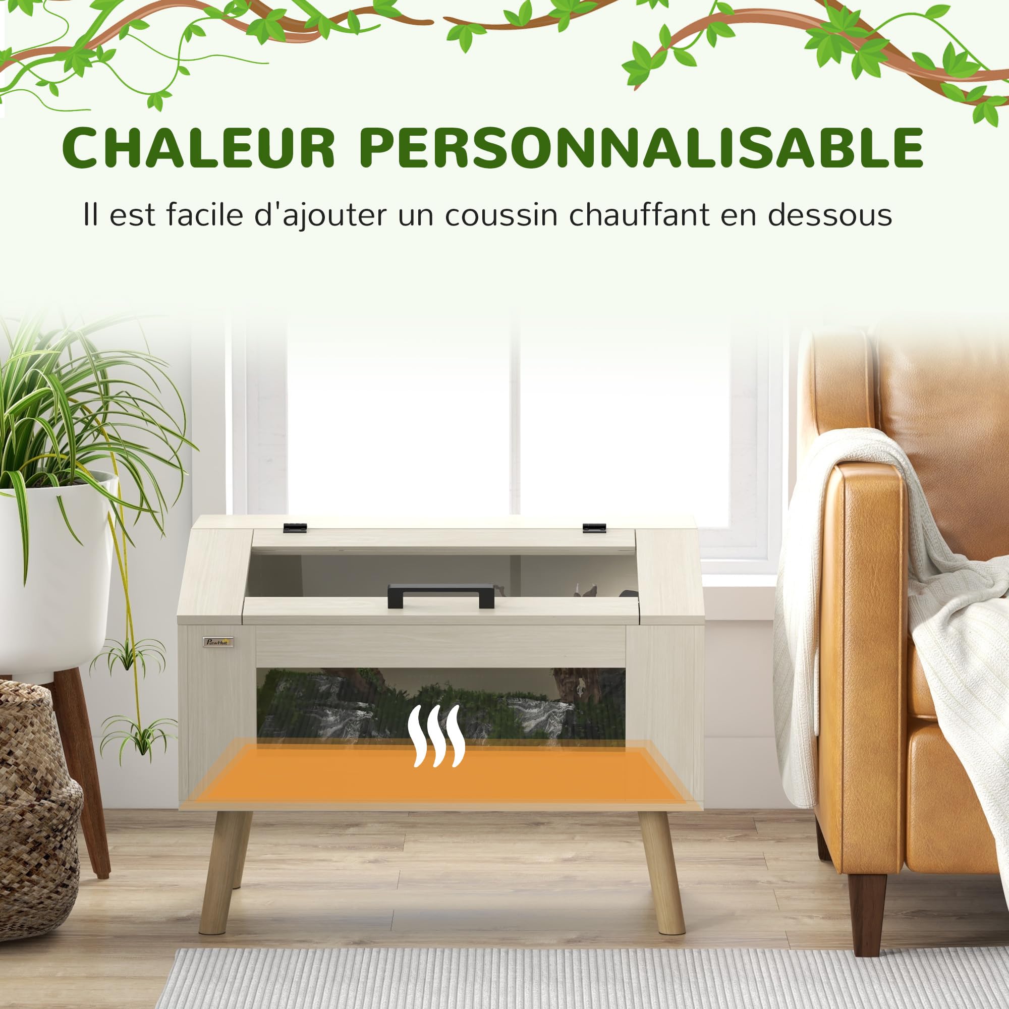 PawHut Terrario per rettili con ventilazione laterale, vivarium per serpenti da 111L con finestre in vetro temperato, coperchio, 80 x 50 x 60 cm legno naturale