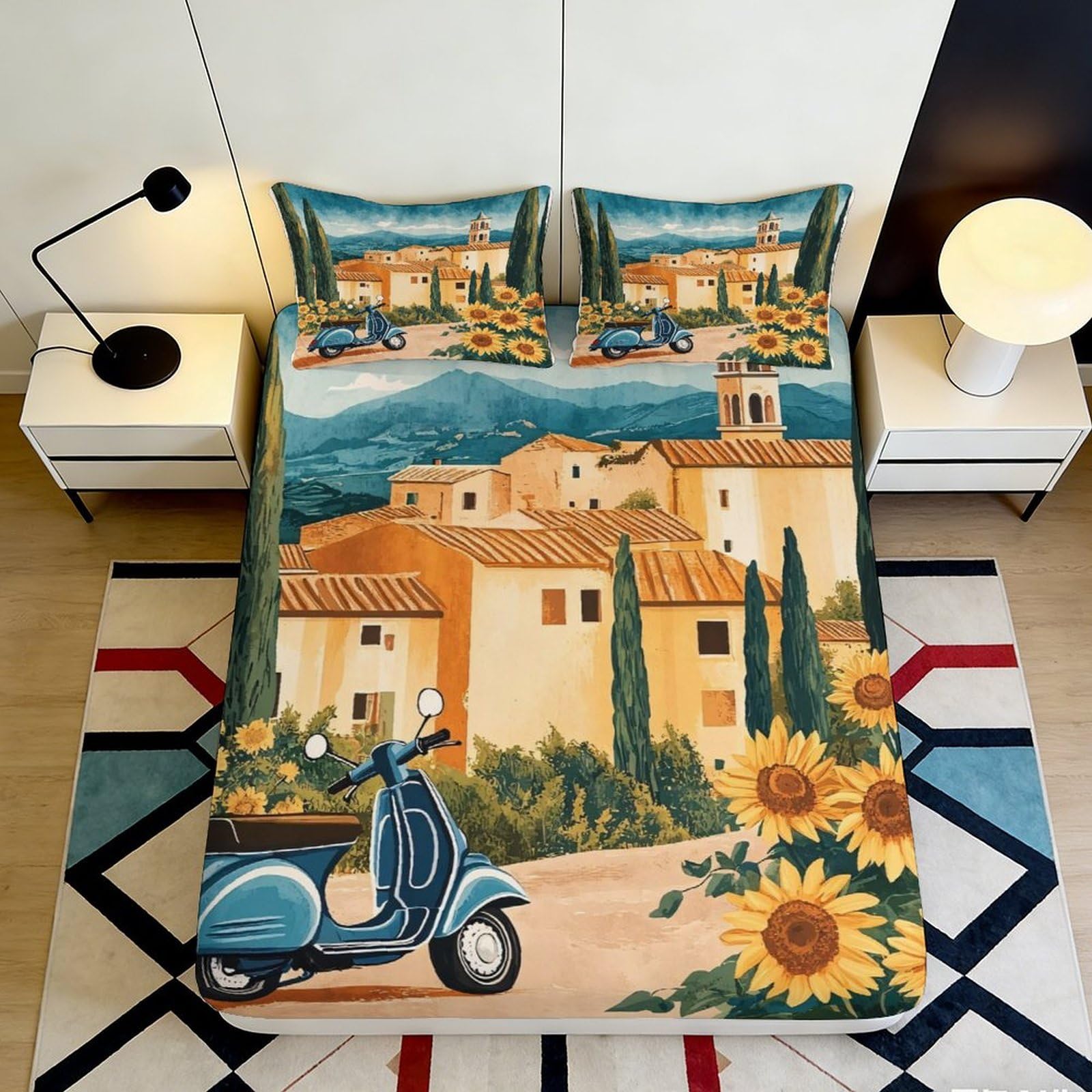 3D Printed Italian Village Fitted Sheet Microfiber Soft Sunflower Scooter Bed Cover for Bedroom Guest Room Decor 140x200x25cm