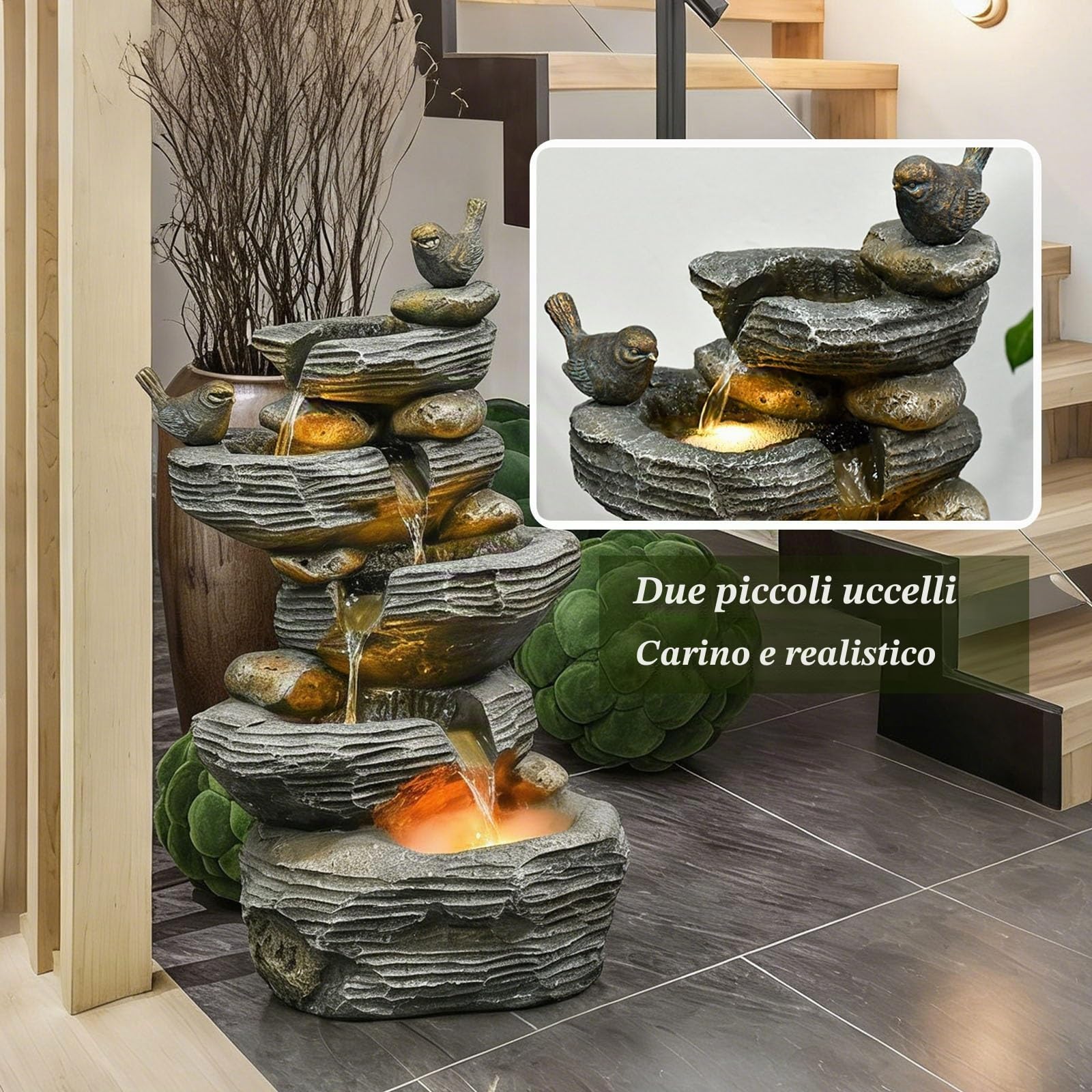 Fontana a cascata in pietra con luci LED per decorazione da giardino e patio all