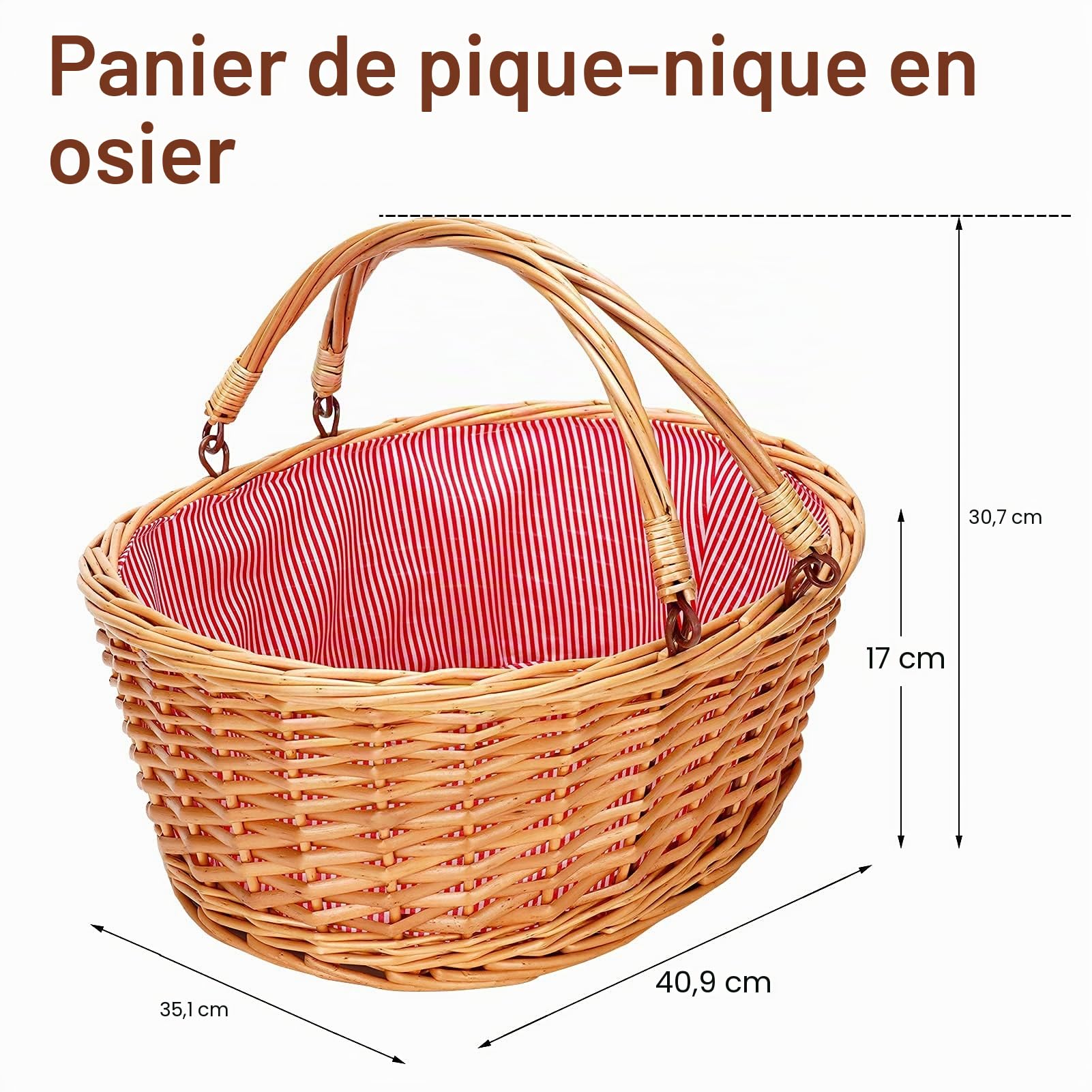 Panier de pique-nique en osier avec deux poignées pliantes, panier vide en saule naturel, panier vide pour œufs de Pâques, bonbons, vin, jouets, fleurs, cadeaux de mariage (gris) (rouge)