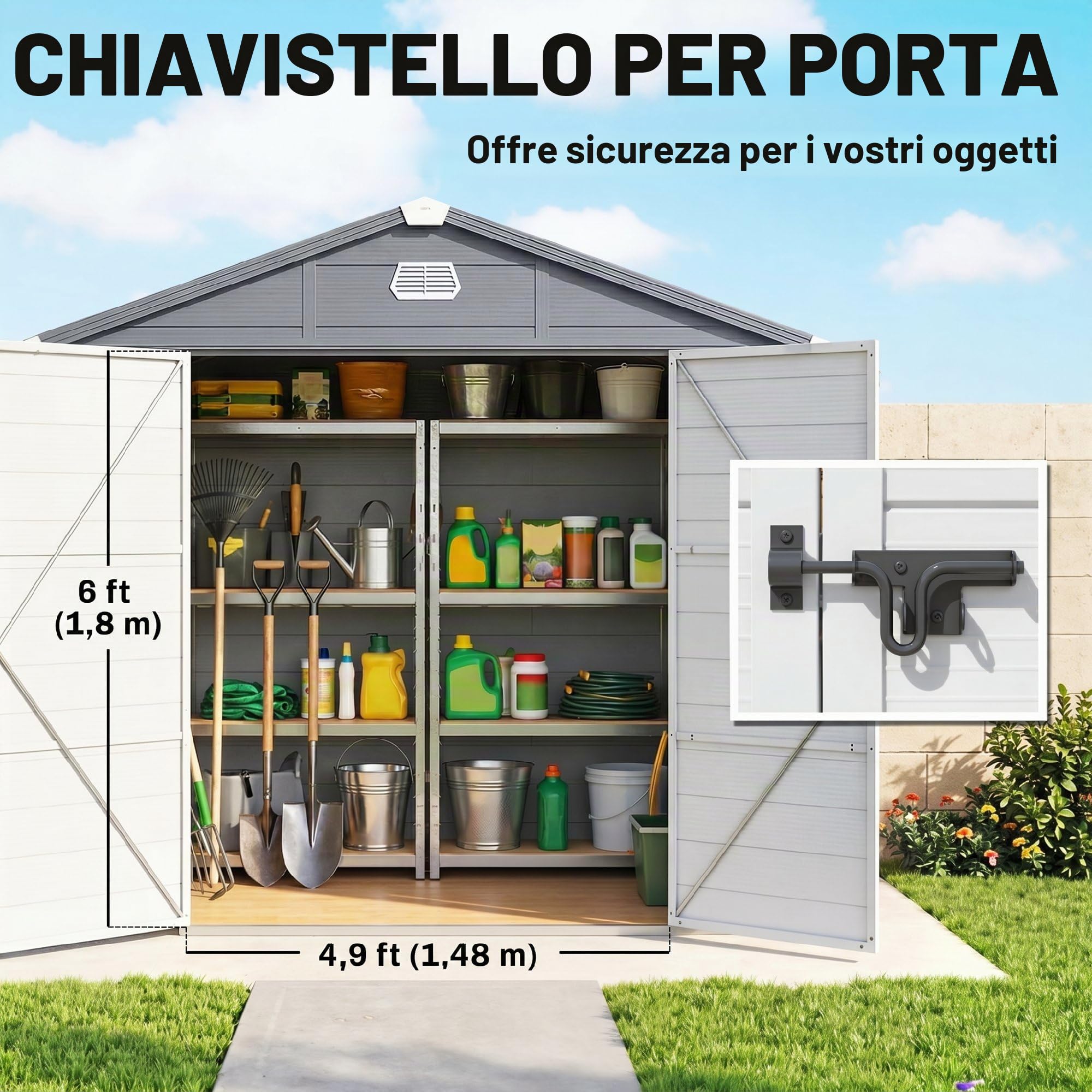 Casetta per attrezzi Outsunny 4,1 m³, casetta da giardino con tetto a una falda, 240 x 190 x 180/228 cm, casetta per attrezzi con porta chiudibile a chiave, finestra, garage per biciclette, mobile da