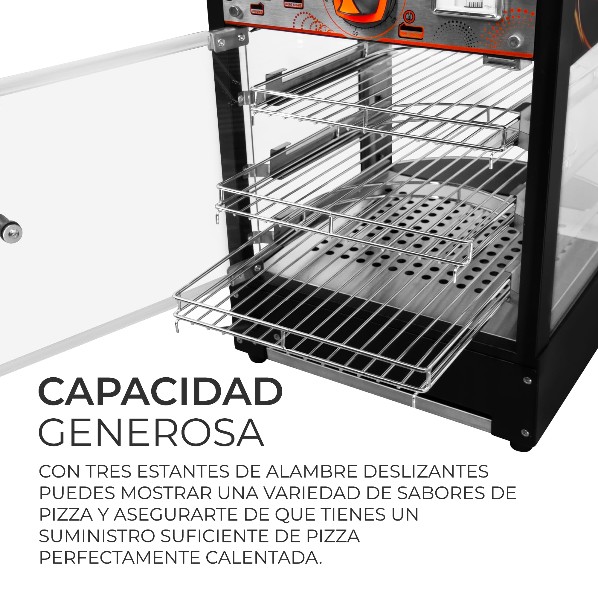 KuKoo Vitrina Expositora Caliente Pizzas Calienta Comida Eléctrica 30-85°C con 3 Estantes Luz Interna Termostato Ajustable + Pinzas Gratis Calentador Buffet Alimentos para Gastronomía 2 Años Garantía
