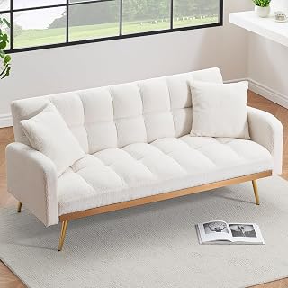 Comfy Futon Sofa Bed with 2 Pillows, White Futon Couch Bed with Gold Legs, Small Convertible Sofa Bed Couch for Living Room, Modern Loveseat for Bedroom, Curved Arms, Plush Tufted-Shaped,Teddy (Beige)