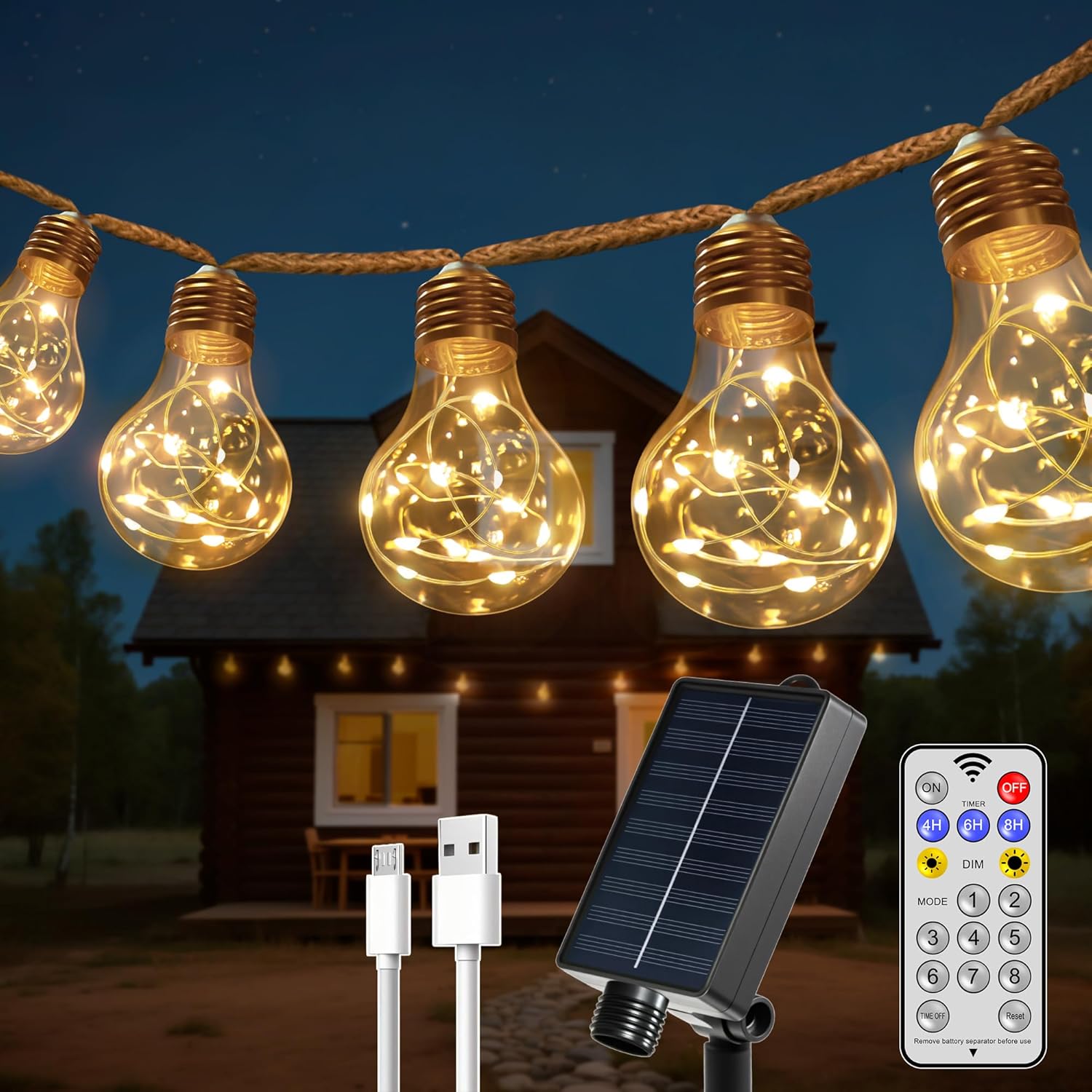 HeiPard Outdoor Solar Festoon Lights 7.5m, 16+1 A60 Bulbs, Vintage LED String with USB-C, 8 Modes with Remote, IP45 Waterproof, Warm White, Decoration for Garden, Balcony, Pergola and Party