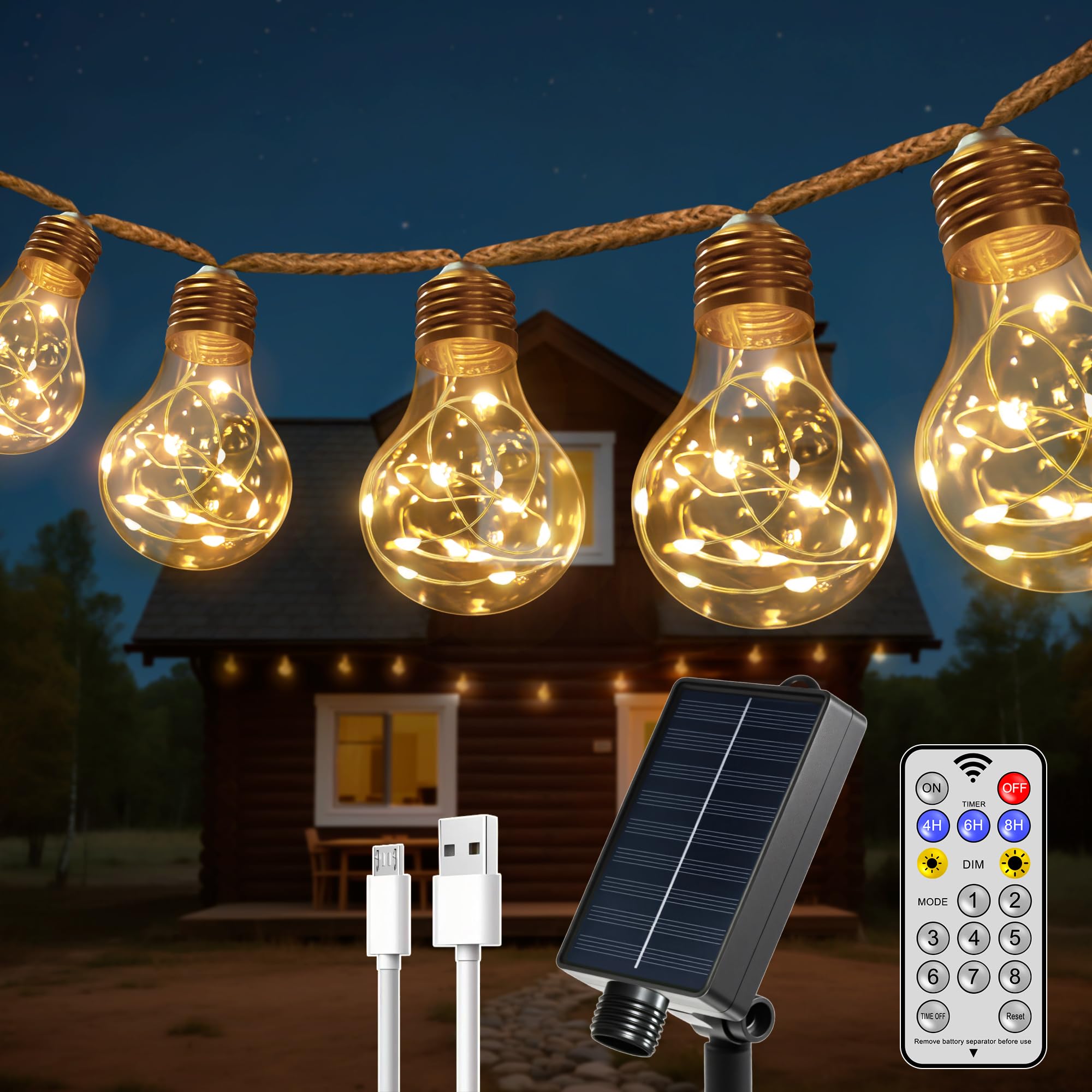 HeiPard Cadena de Luces Solar Exterior 8.5 Metros 16 Bombillas, LED Vintage A60 con USB, 8 Modos IP45 Resistente al Agua para Exteriores, Decoración Warm White para Jardín, Balcón, Bodas y Fiestas