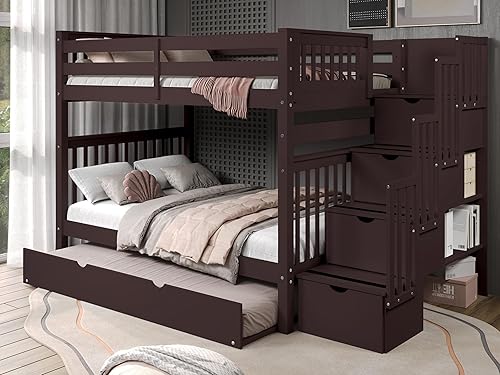 Bedz King Literas de escalera de tamaño matrimonial con 4 cajones en los escalones y un nido completo, color cereza oscuro Marrón