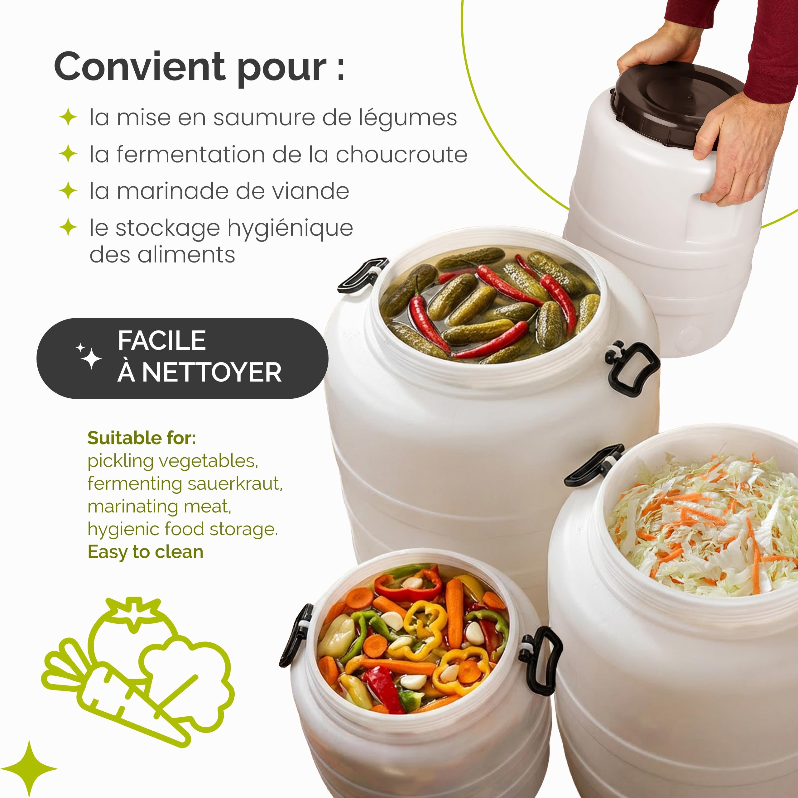 Garronda Fût Alimentaire 45 L Grille de Presse Plastique HDPE Tonneau Baril Grande Ouverture pour Eau, Stockage et Fermentation Recupérateur d Eau de Pluie GD-0187 Blanc