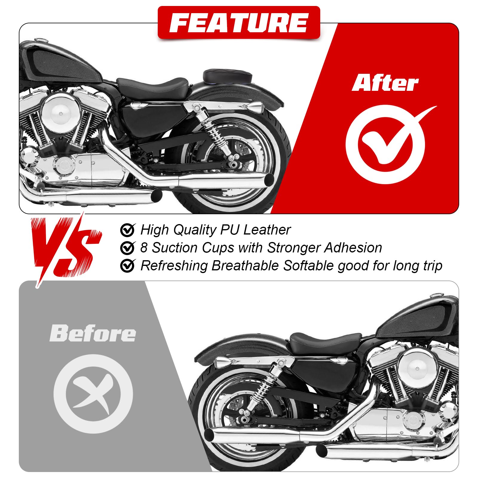 Sellino per passeggero moto, cuscino posteriore per moto, cuscino posteriore con 8 ventose compatibile con Harley Sportster XL 883 1200 Dyna per Softail Touring Cruiser Chopper Custom