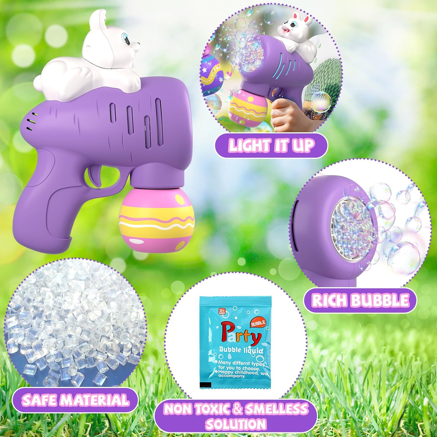 2PAck Easter Bubble for Kids, Easter Toys for Kids, Easter Bubble Machine for Easter Basket Stuffer, Easter Toy Gifts for Kids, Light Up Easter Bubble Maker with 4 Bubble Solution (Pink & Purple)
