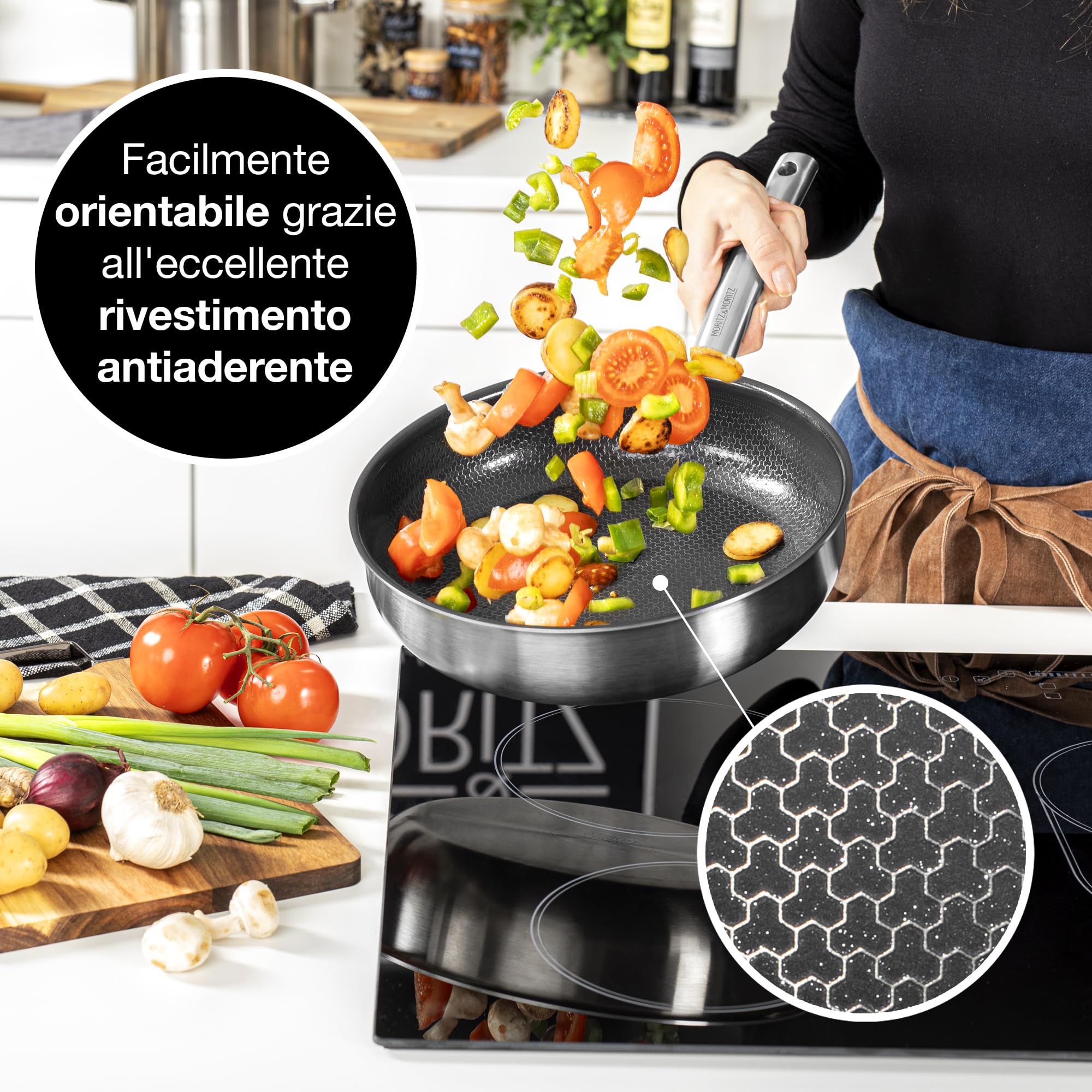 Moritz & Moritz Padella Antiaderente 28 cm Atruttura a Nido D'ape con Rivestimento Ceramico - Adatta a tutti i tipi di piano Cottura - Padelle Antiaderenti induzione per Cucinare, Friggere e Brasare