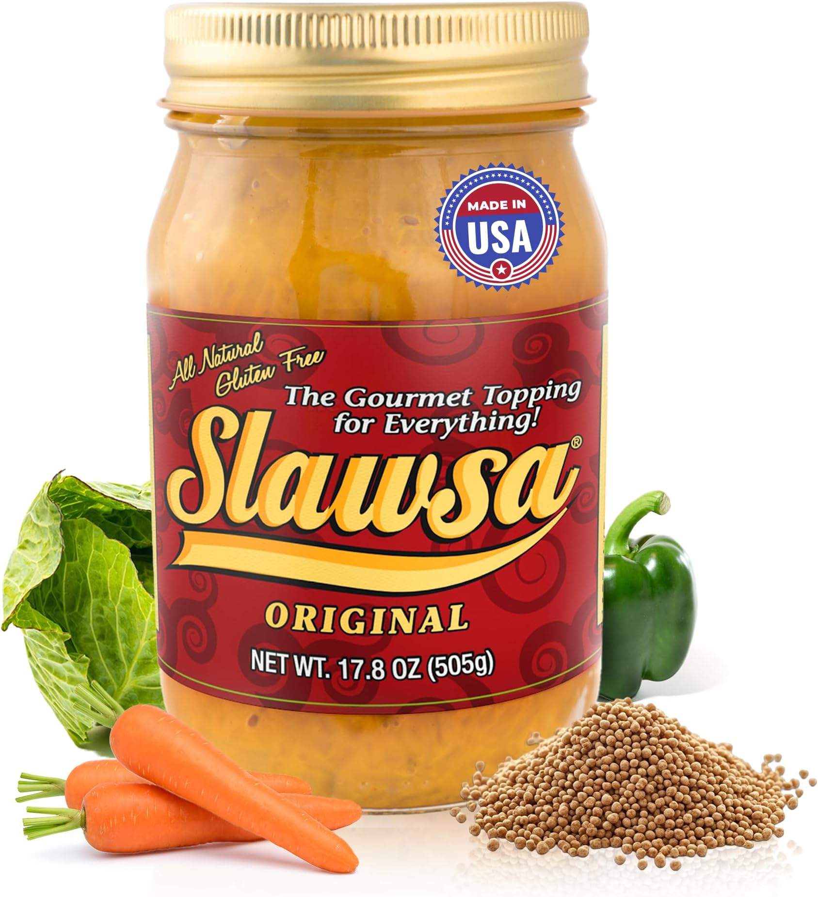 - Slawsa Original Crunchy Gourmet Topping for Burgers, Hot Dogs & More – 17.8 oz Tangy Sweet Relish Crunch Slaw-Style Condiment with Versatile Texture, All-Natural, Gluten-Free, Vegan, Made in USA