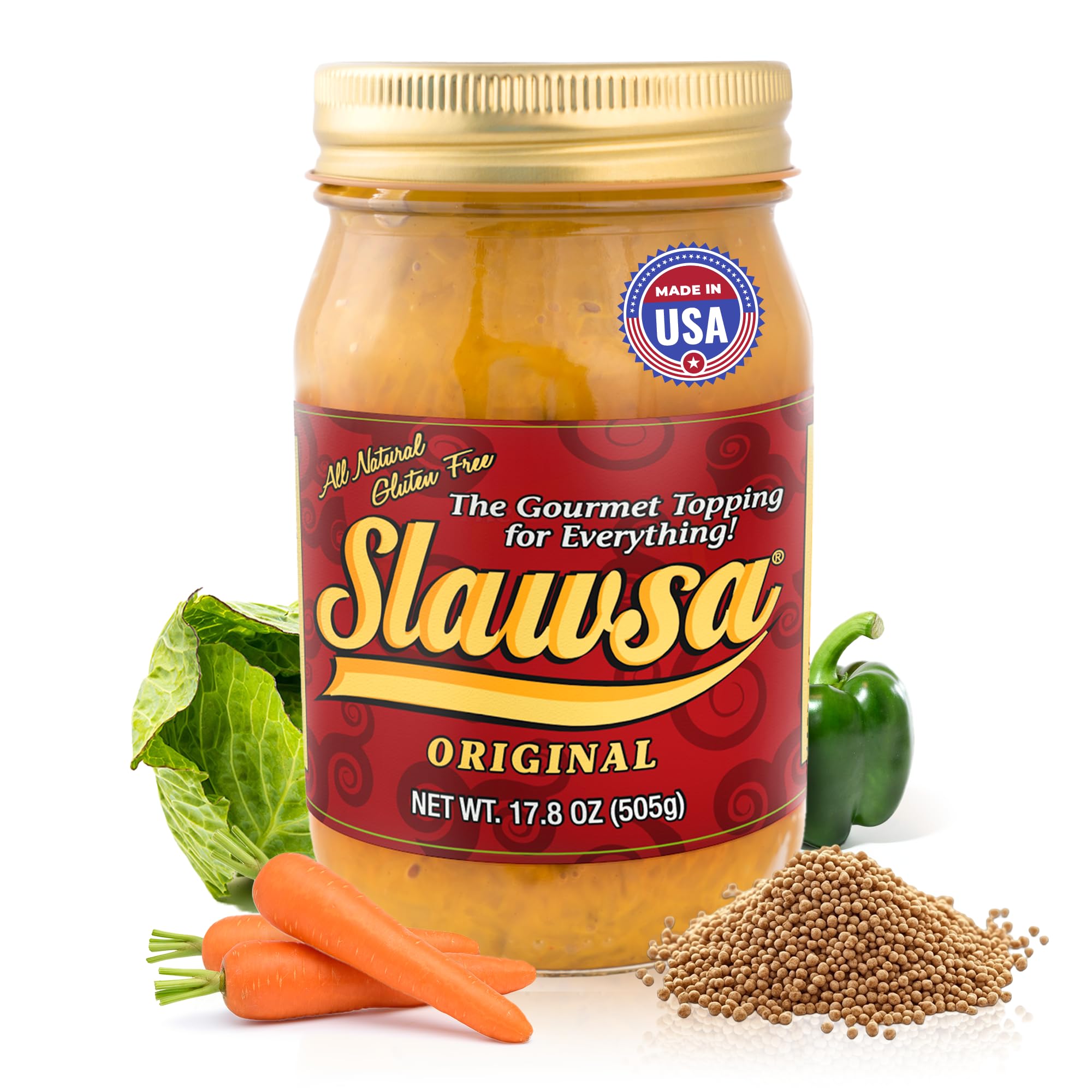 - Slawsa Original Crunchy Gourmet Topping for Burgers, Hot Dogs & More – 17.8 oz Tangy Sweet Relish Crunch Slaw-Style Condiment with Versatile Texture, All-Natural, Gluten-Free, Vegan, Made in USA